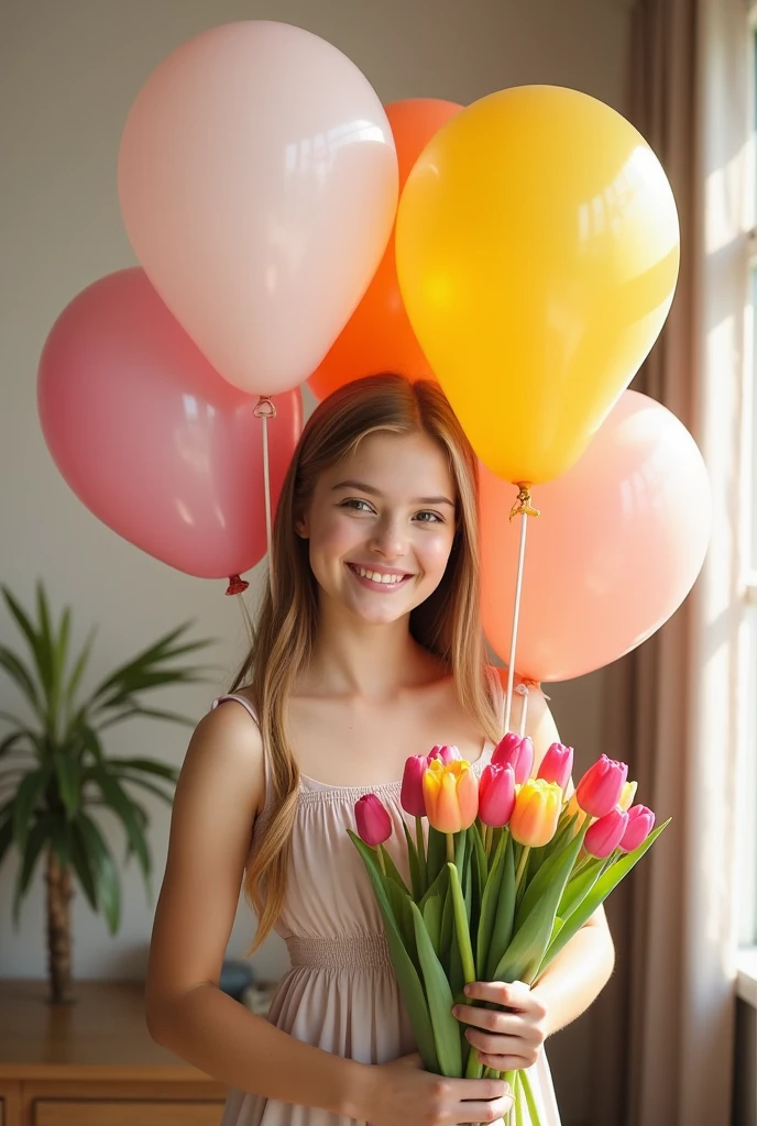 woman, long straight light brown hair, medium bust pink dress, chubby, with a bouquet of flowers in her hands, birthday celebration, pink and white balloons, looking at the camera, photorealistic
