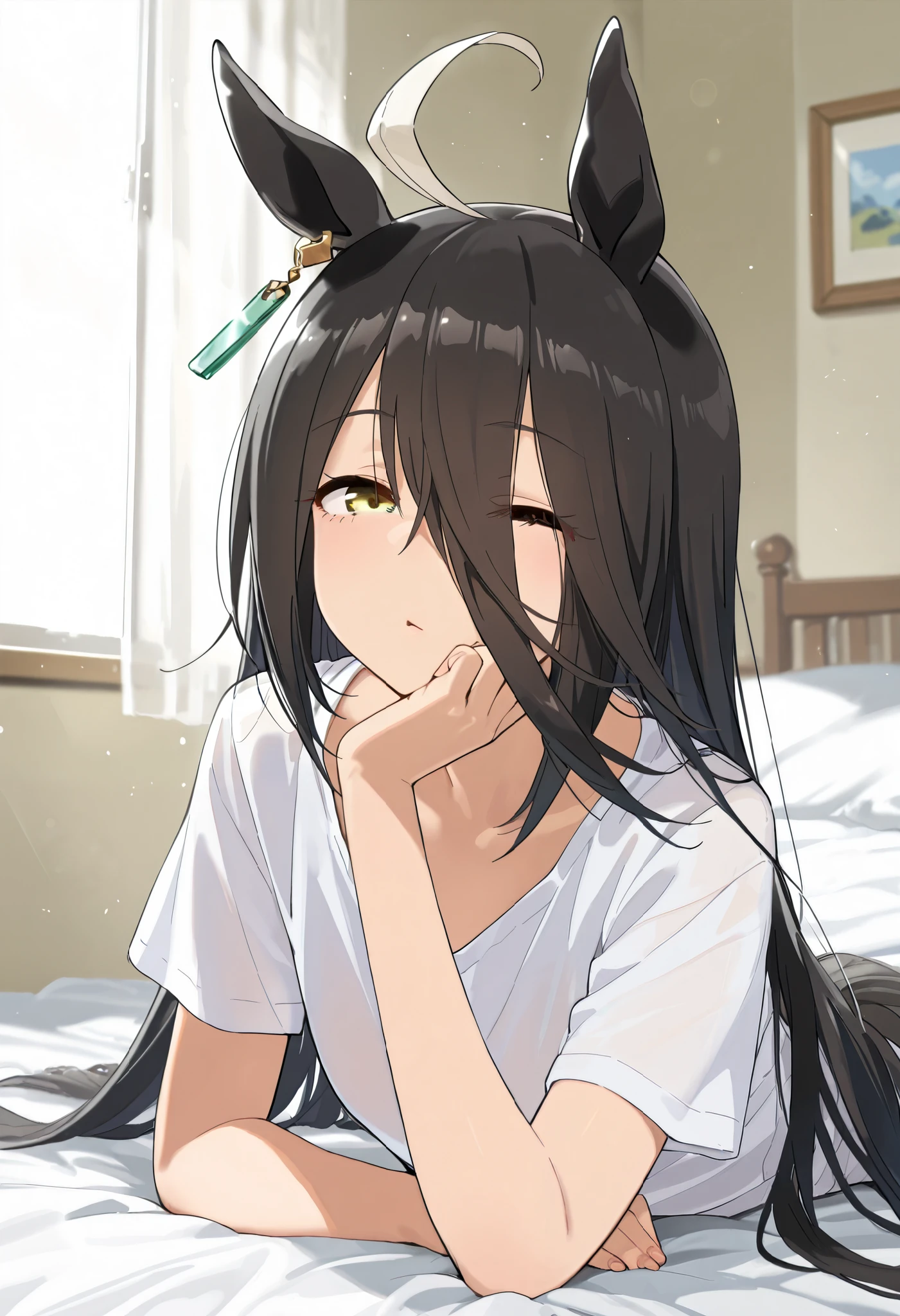 {{Masterpiece}}, {{Top quality}}, {{Details}}, {{Illustration}}, {{Very delicate and beautiful}}, Fine skin, fine eyes {{Uma Musume}}, {{Manhattan Cafe:1.7}}, {{Uma Musume}} morning, in her room, sunlight from the window, plain white shirt (only Y shirt, bare skin visible through the shirt), on her bed, very sleepy face on the bed, very sleepy face, nothing on the bed