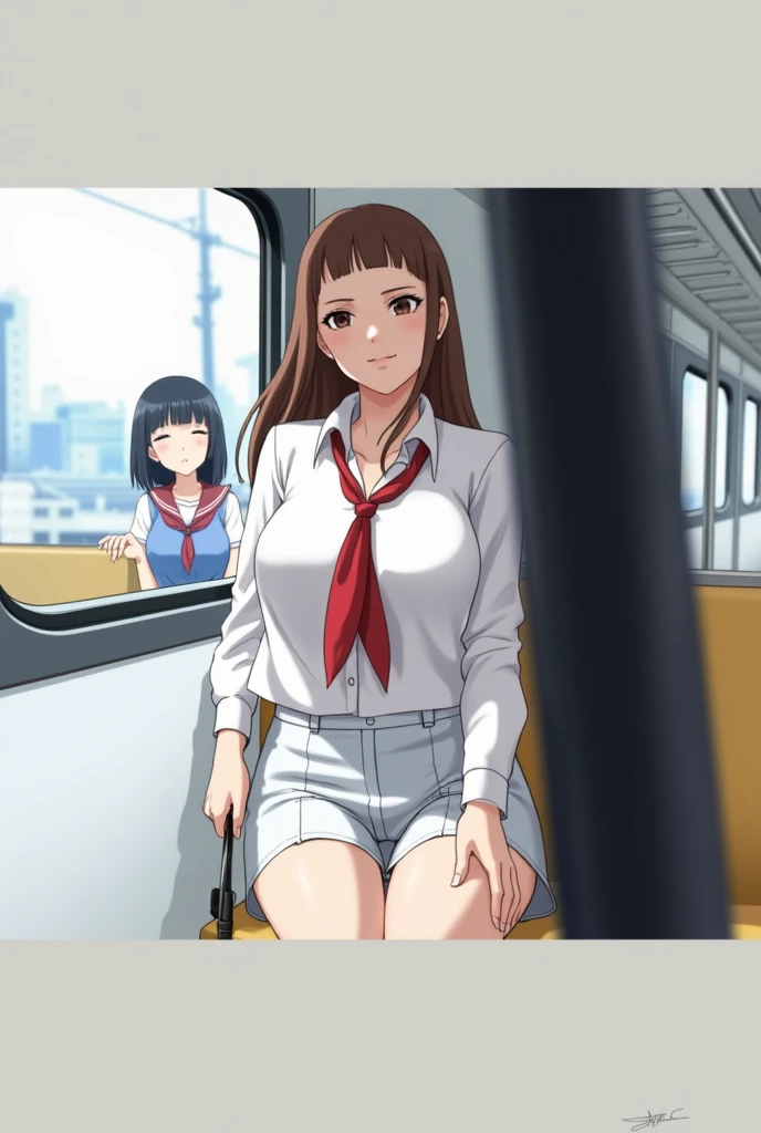 A naked middle-aged man is touching the vagina of a small-breasted girl on a train, who is crying and wearing a floral bra, floral panties and a checked skirt, with black bob hair, erect nipples and pale pubic hair, but is feeling embarrassed and scared and resisting.、whole body
