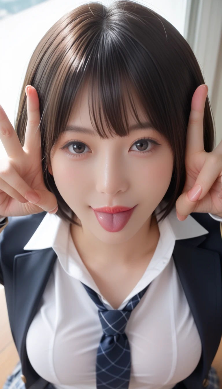 ((Highest quality)), ((masterpiece)), (detailed), New employee girl, (1boy,1penis,),(fellatio,1.3, tongue licking)、doggystyle,(projectile cum, excessive cum,cum in mouth,1.5 facial cum,1.5、cum in breast)1.5, (black suit jacket,White camisole,black tight skirt), (orgasm annoyed face,)1.2,(Dark hair、Bangs down)、Backroom、from below1.5