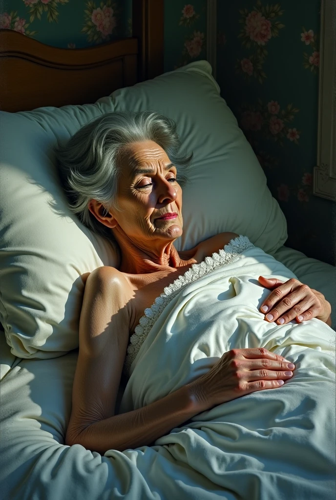 masterpiece, (old granny 90yo:1.4), Large breast hidden under shirt, 8k, (nsfw:1.4), (spread legs:1.2), (silk white clerical dress:1.6), (((close eyes open mouth))), (((lying down on bed))), sleeping, (from belove:1.4)