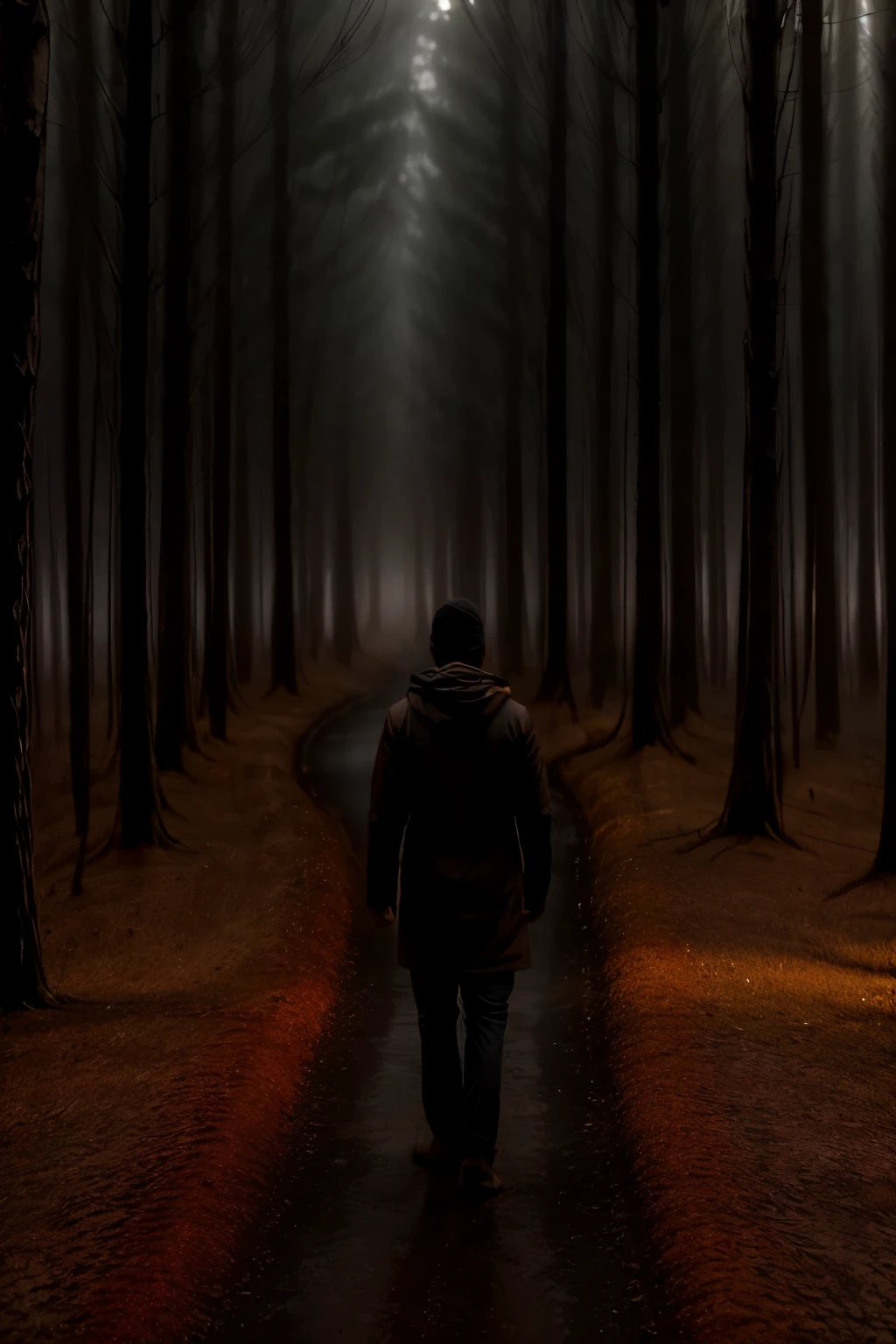 A warm glow emanates from within, illuminating a serene path through a misty forest. A lone figure, silhouetted against the soft luminescence, walks in contemplative silence, their gentle footsteps weaving through the foggy veil as the guiding light above casts an ethereal ambiance.
