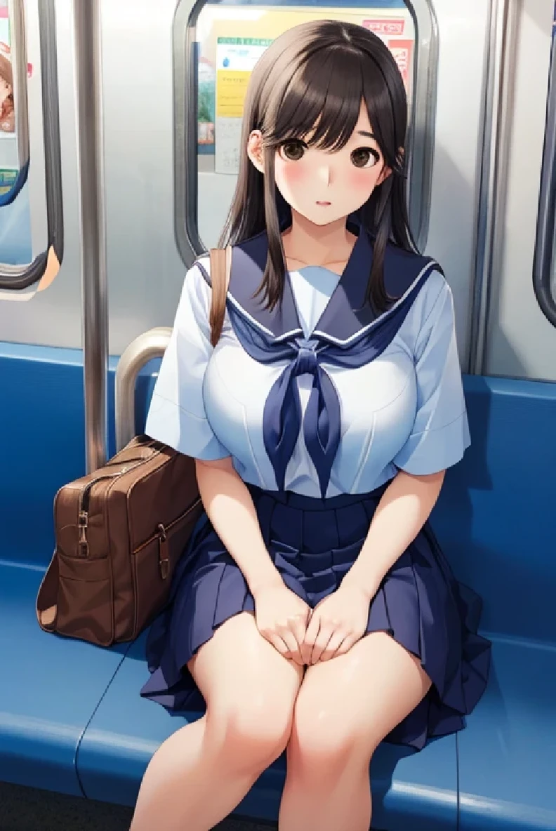 High Resolution,Big Breasts, unrealistic, Beautiful feet, detailed face, A woman in her fifties sitting on a subway train with her handbag, a super realistic high school girl, sitting on a train, Japanese high school student's uniform, Japanese School Uniform, cute high school girl, wearing Japanese School Uniform, super realistic high school girl, monster , Fubuki, Chiho, By subway, sleepy expression waking up, Sitting in Tokyo