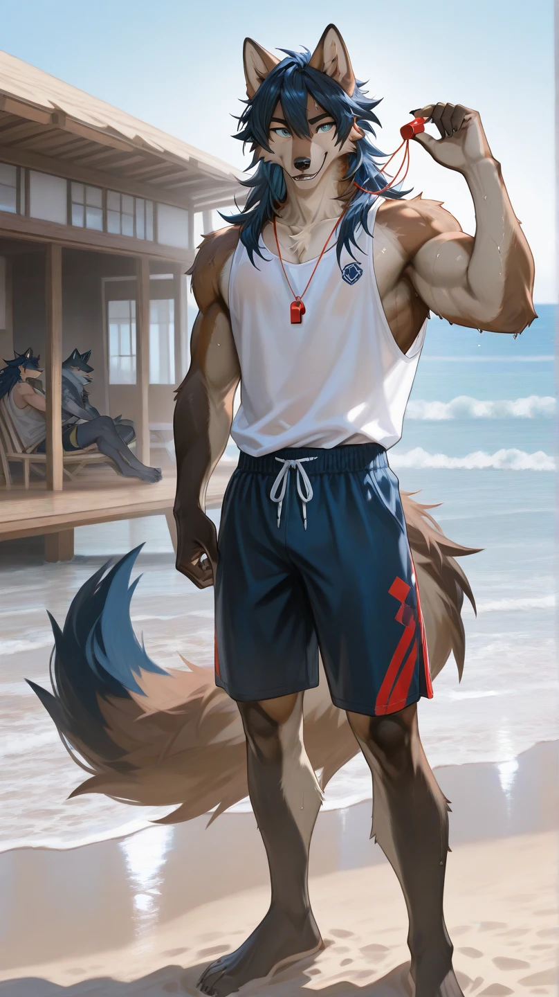 A muscular black haired man with golden eyes and black fox ears and a black fox tail in swim trunks is eating watermelon at the beach