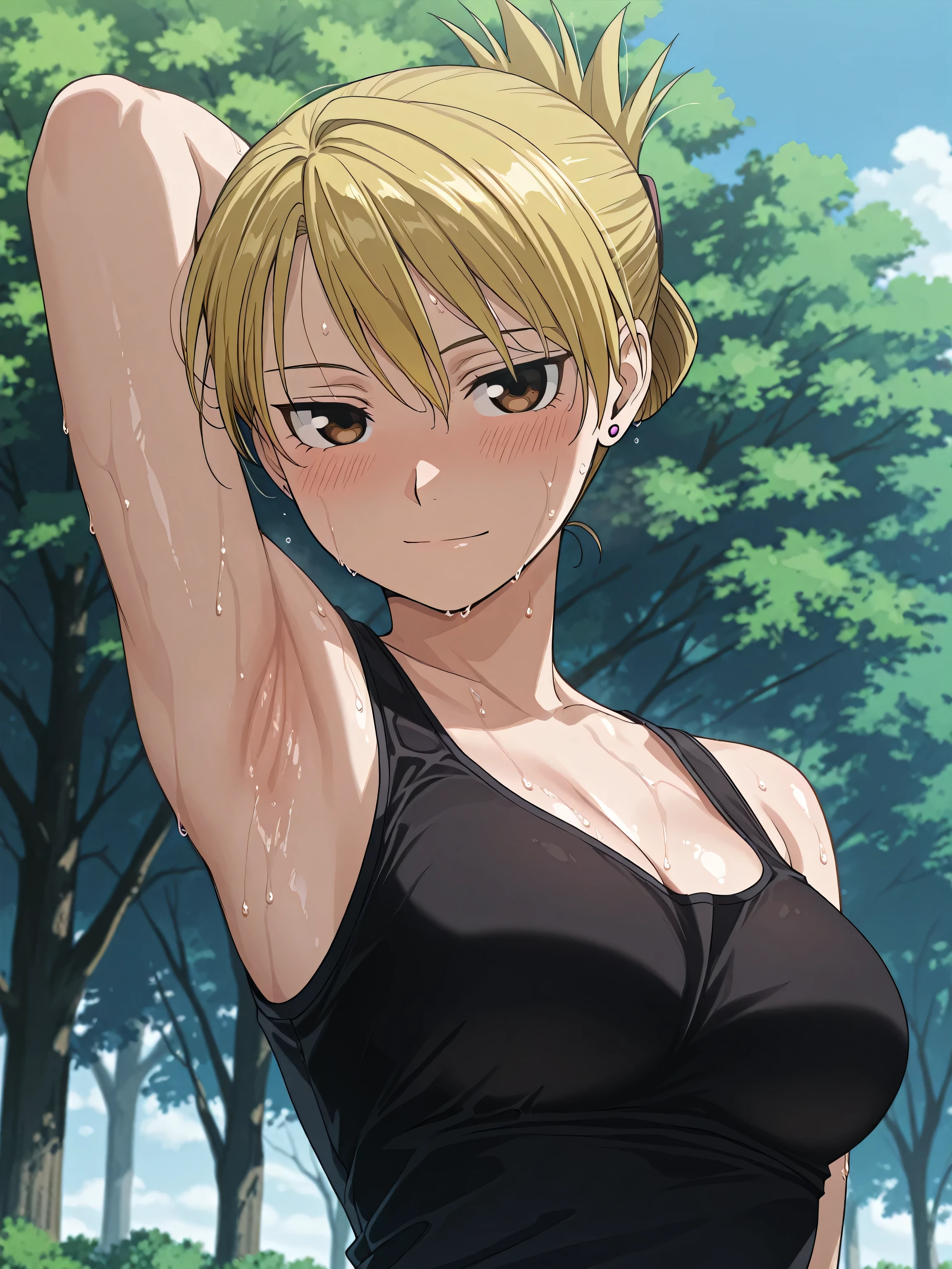 masterpiece, best quality, amazing quality, anime screencap, 1girl, solo, riza, brown eyes, blonde hair, folded ponytail, jewelry, earrings, black tank top, sweaty, sleeveless, bare shoulders, bare arms, arm behind head, armpit, head towards viewer, looking at viewer, light smile, closed mouth, front light, outdoors, day, park, blush, (cleavage:0.7), from side, from below