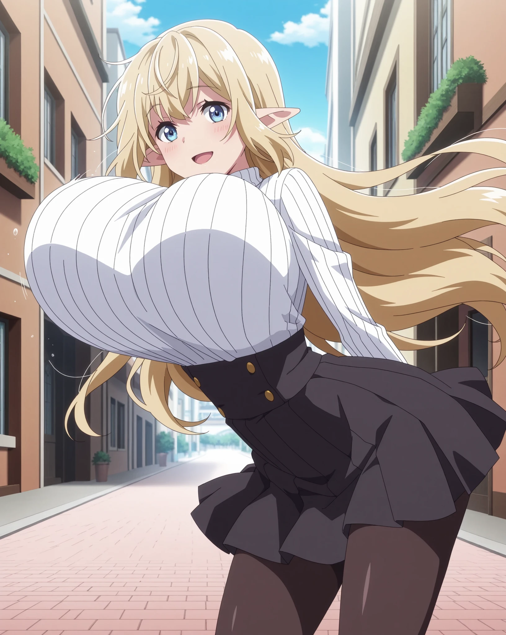 score_9, score_8_up, score_7_up, source_anime, anime coloring, anime screencap, 1 girl, solo, aria (Beheneko), long hair, blonde hair, elf, blue eyes, loving smile, white beautiful skin, gigantic breasts, bouncing breasts, standing, hands behind back, arched back, looking at viewer, slim body, cowboy shot, dynamic pose, long sleeves, white high necked ribbed sweater, pleated black skirt, high-waist skirt, lapping skirt, black pantyhose, outdoors, day, streets
