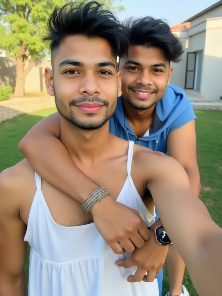 A sexy indian man with his boyfriend, on a vacation, handsome face, gorgeous hair, (romantic), sitting #penis, detailed face, perfect 