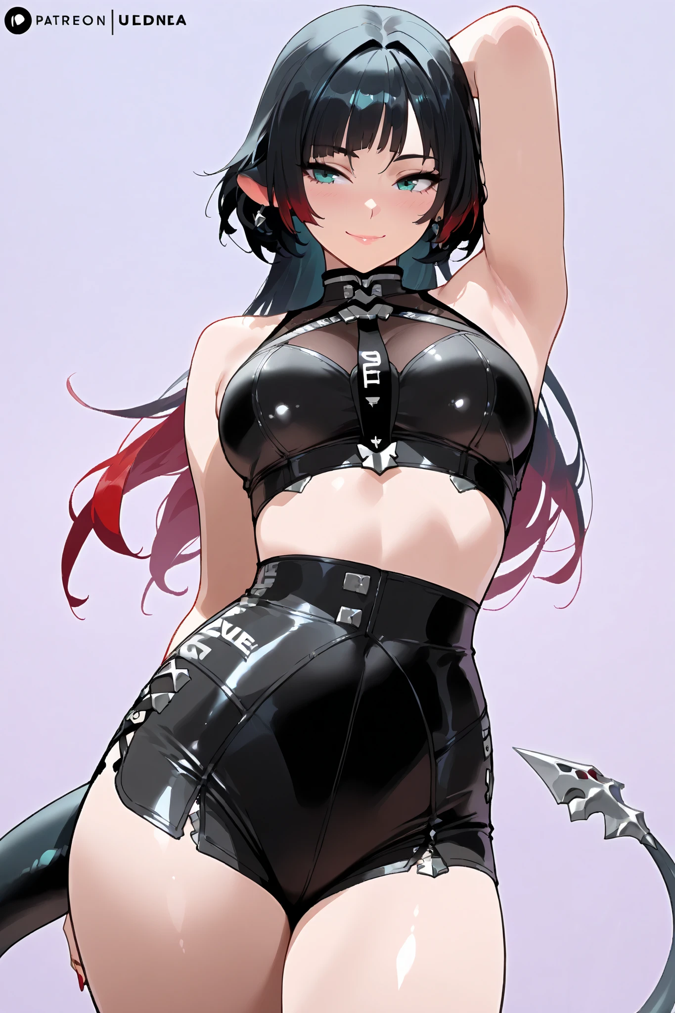 1girl, anime, cute girl, blank background, white background, fantasy, detailed fantasy dress with highlights, beautiful face, beautiful eyes, dark colors, black hair with multicolor streaks, red eye with different color pupil in eye, multicolor eye, medium small breasts (slightly big), slight cleavage, beautiful skin, cute, breast curtains, extremely delicate and beautiful, (beautiful detailed face:1.0), (detailed deep eyes), symmetrical breasts, deep eyes, shiny skin, portrait, slender waist, hips wider than shoulders, thighs, expressionless, young girl, luminous eyes, adorable，（Kpop idol）,（aegyo sal：1），（Platinum blonde hair：1），（（puffy eye）），Black panty，sexy posture，Superskirt, ultra high resolution，Black collar，slim figure, Abdominal y tattoo, womb tattoo，Tight-fitting leg ring，y tattoo on half-body，Bare skin, Armored hand，Hidden fingertips，Hand covered，Arm covered，Fist covered,{{beautiful detailed fingers}}, tufts of hair, moderate beautiful breast:1.0,(masterpiece:1.2), best quality, high-res, HDR, perfect face, intricate armor, delicate blue filigree, intricate filigree, red metalic parts, detailed part, dynamic pose, dynamic lights,