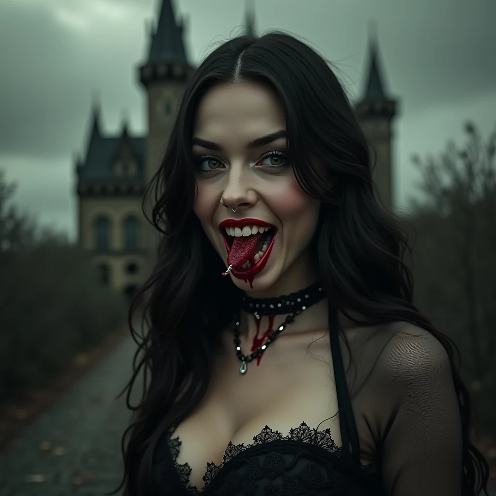 Vampire biting womans neck infront of a castle