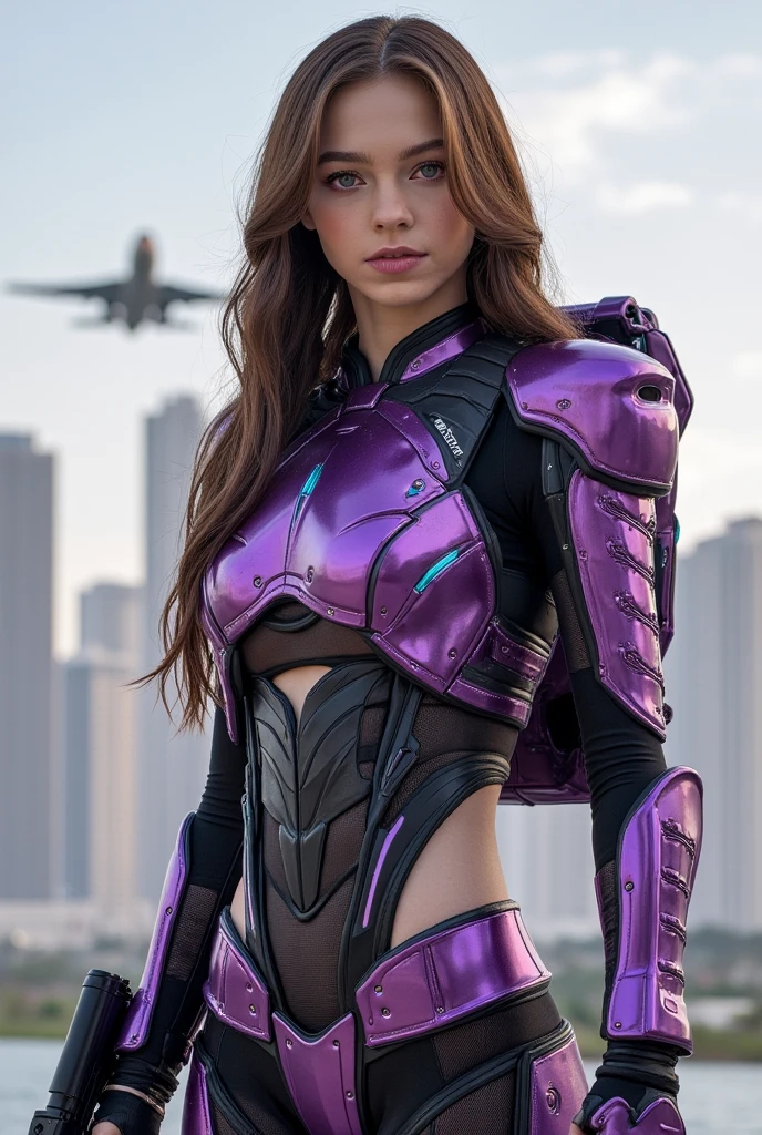 masterpiece, Best quality, (epiCRealLIfe), (photorealistic1.4), (young woman), (European Model), (tall athletics body), (orange skin), (hail33), (red hair), (green eyes), (dark red lipsticks), (StarfireTTDC costume), abs, (perfect hands), (StarfireTTD hairstyle), (starfire costume), (purple StarfireTTDC bodysuit), (silver trimming on outfit), (metal arm guards), (green gems), (exposed midriff), (flash photography), (flashphoto), (cowboy shots), (city rooftop), (empire state building), (at night), (night view), (spotlight), (from front), (outdoor)