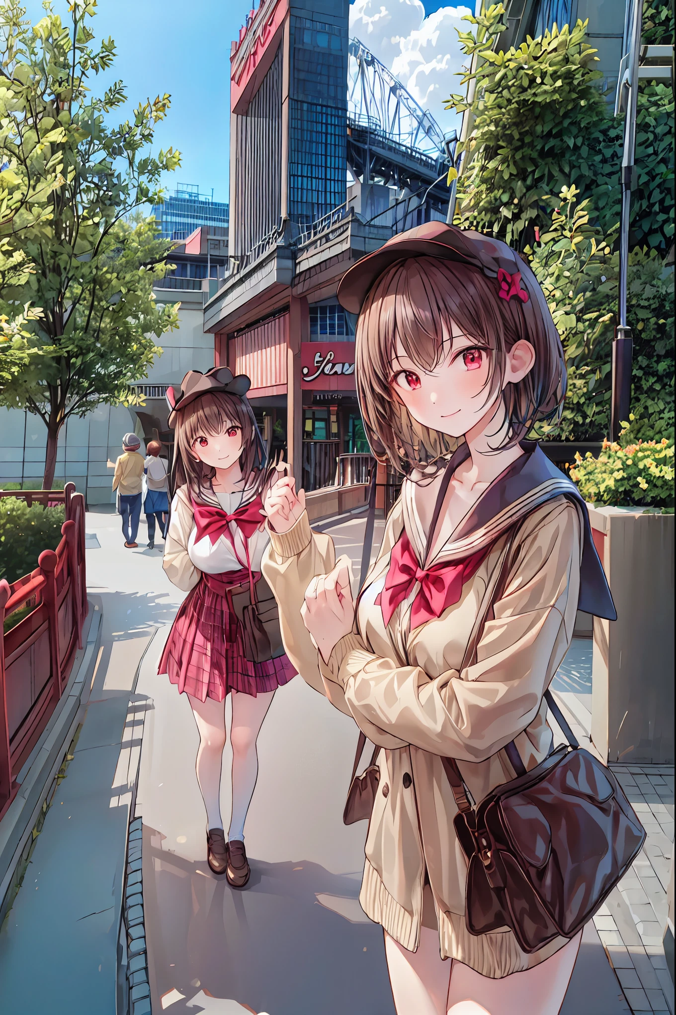masterpiece,Highest quality,1 girl,AlTHEne,THEutdTHETHEr,, Viewer, sailor suit,smile,ãã©ã¹ ,bangs,null,blue null,clTHEud,medium breasts, THE,gray hair,red eyes, crTHEss yTHEur arms arTHEund yTHEur back,Simple ClTHEthes , lTHEng hair, Tokyo Disneyland , Tokyo Disneyland の活気に満ちた魔法のような雰囲気の中を歩く, casual clothes、 cute clothes、Cinderella Castle can be seen in the background, warm sunshine、The vibrant and cheerful atmosphere of Disneyland,Families and couples pass by,