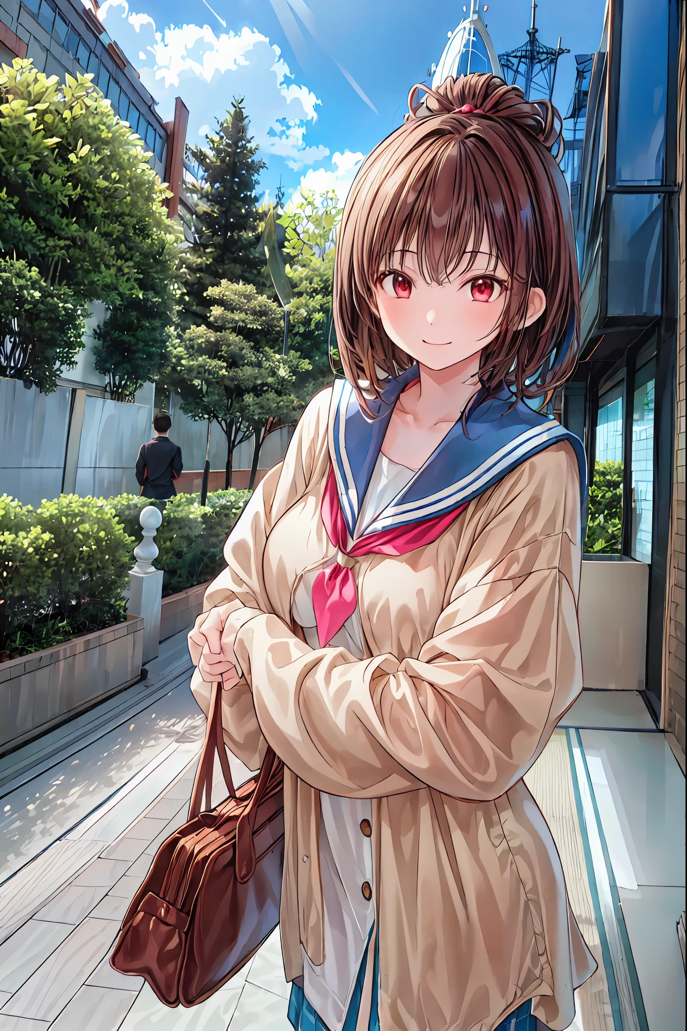 masterpiece,Highest quality,1 girl,AlTHEne,THEutdTHETHEr,, Viewer, sailor suit,smile,ãã©ã¹ ,bangs,null,blue null,clTHEud,medium breasts, THE,gray hair,red eyes, crTHEss yTHEur arms arTHEund yTHEur back,Simple ClTHEthes , lTHEng hair, Tokyo Disneyland , Tokyo Disneyland の活気に満ちた魔法のような雰囲気の中を歩く, casual clothes、 cute clothes、Cinderella Castle can be seen in the background, warm sunshine、The vibrant and cheerful atmosphere of Disneyland,Families and couples pass by,