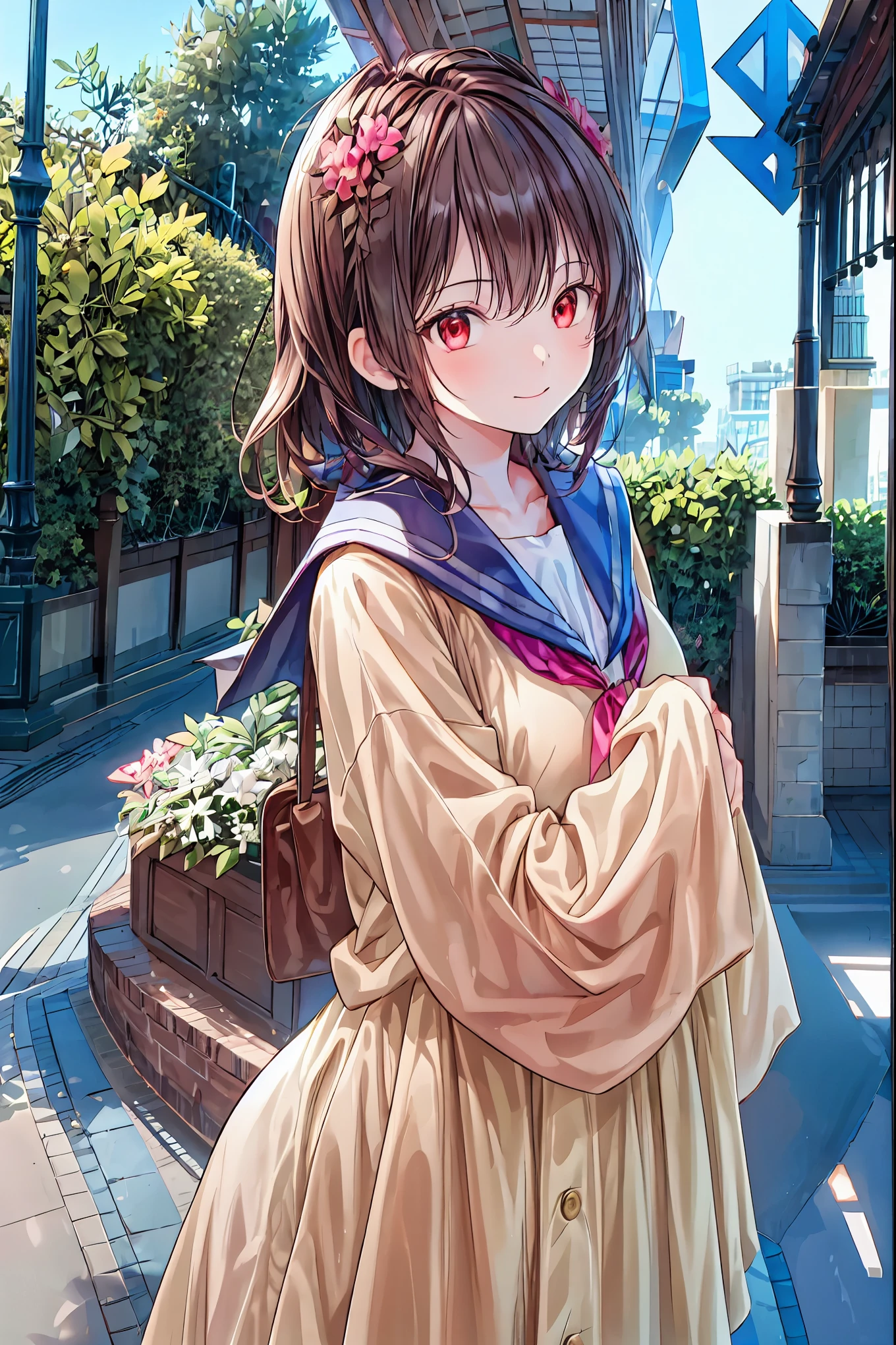 masterpiece,Highest quality,1 girl,AlTHEne,THEutdTHETHEr,, Viewer, sailor suit,smile,ãã©ã¹ ,bangs,null,blue null,clTHEud,medium breasts, THE,gray hair,red eyes, crTHEss yTHEur arms arTHEund yTHEur back,Simple ClTHEthes , lTHEng hair, Tokyo Disneyland , Tokyo Disneyland の活気に満ちた魔法のような雰囲気の中を歩く, casual clothes、 cute clothes、Cinderella Castle can be seen in the background, warm sunshine、The vibrant and cheerful atmosphere of Disneyland,Families and couples pass by,