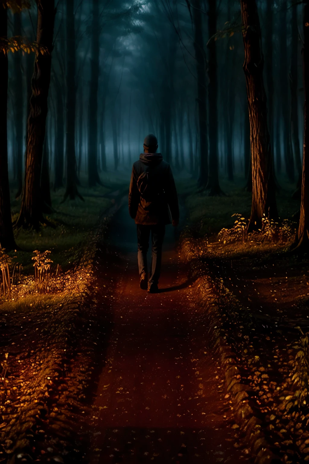 A warm glow emanates from within, illuminating a serene path through a misty forest. A lone figure, silhouetted against the soft luminescence, walks in contemplative silence, their gentle footsteps weaving through the foggy veil as the guiding light above casts an ethereal ambiance.