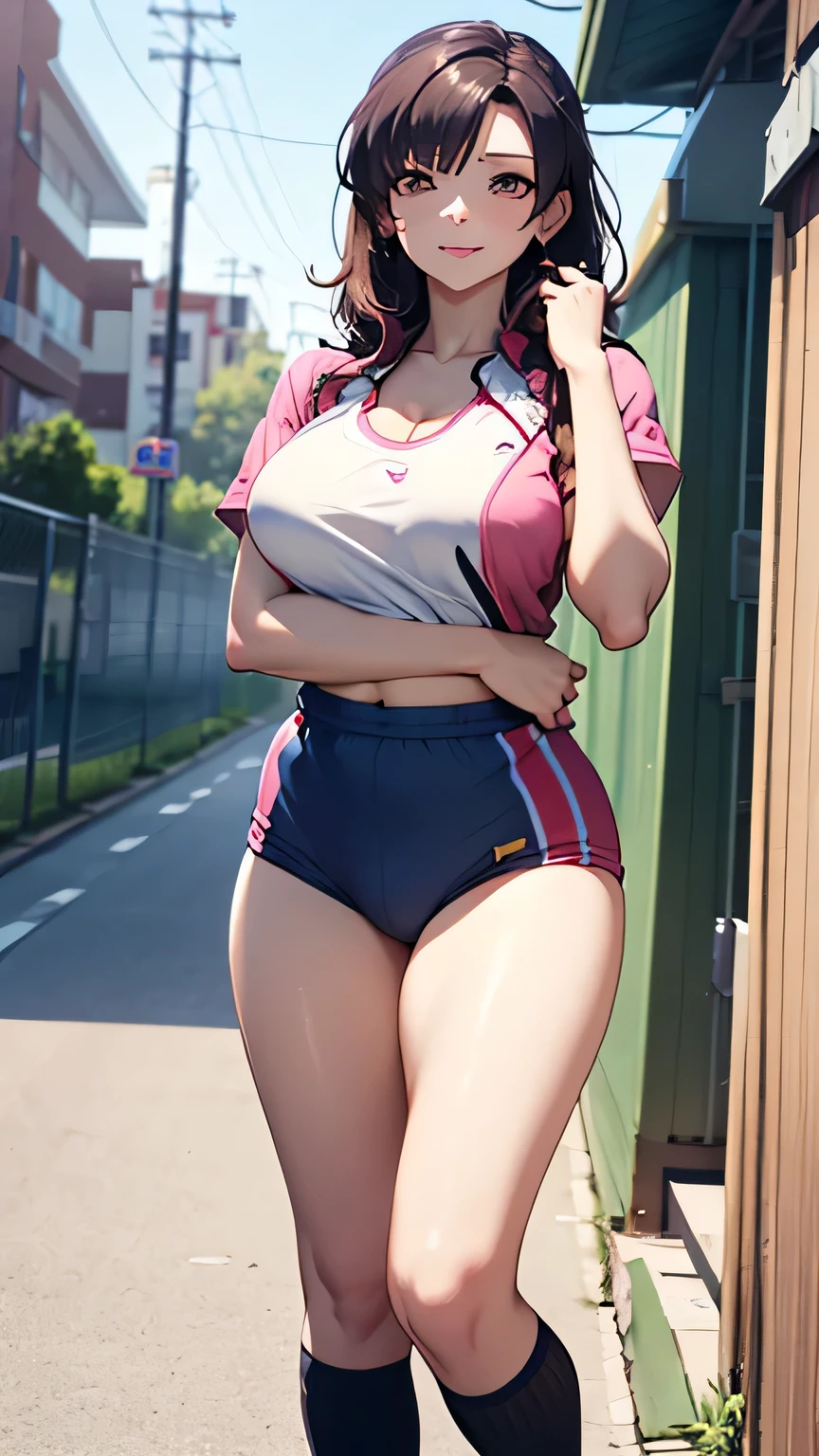 (draw bigger breasts), My waist is thin even if I have big breasts ,The work alone is great enough, ,(( wearing dark blue bloomers s, please draw a more delicate expression)),( Showa volleyball players ),( Are you wearing Dark Blue Bloomers dark blue bloomers ), (A 40-year-old adult woman with sex appeal),(( hair,Eye )),(4K,8k,CG Unity,The best masterpiece,masterpiece, Highest quality:1.2),Official image,(( perfect anatomy, anatomically accurate:1.12)),(( exists, Does ExistsPhoto :1.2)), artistic Eye liner , radiant pink lips , adult , double Eye lids , High Definition Acrylic Painting , Very smooth hair ,詳細な顔とEye ,((:1.32)),(( wearing old fashioned bloomers and gym wear )), knee-length white socks , looking at the camera with a gentle expression, kind smile , calm expression , Big Breasts,((Schoolyard:1.11)),(( pink random pose on chest:1.11)),(( erect nipples:1.01))