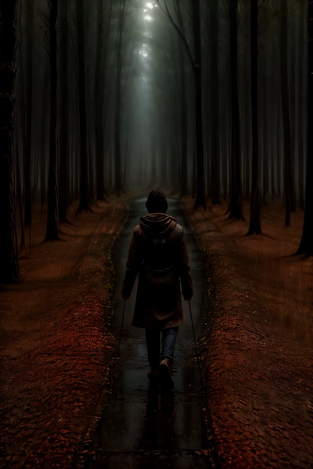 A warm glow emanates from within, illuminating a serene path through a misty forest. A lone figure, silhouetted against the soft luminescence, walks in contemplative silence, their gentle footsteps weaving through the foggy veil as the guiding light above casts an ethereal ambiance.