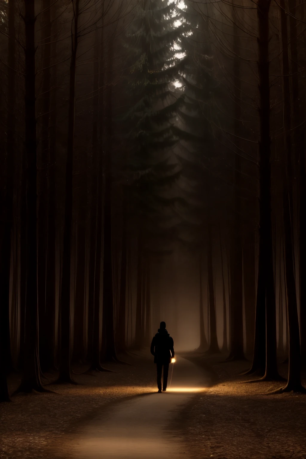 A warm glow emanates from within, illuminating a serene path through a misty forest. A lone figure, silhouetted against the soft luminescence, walks in contemplative silence, their gentle footsteps weaving through the foggy veil as the guiding light above casts an ethereal ambiance.