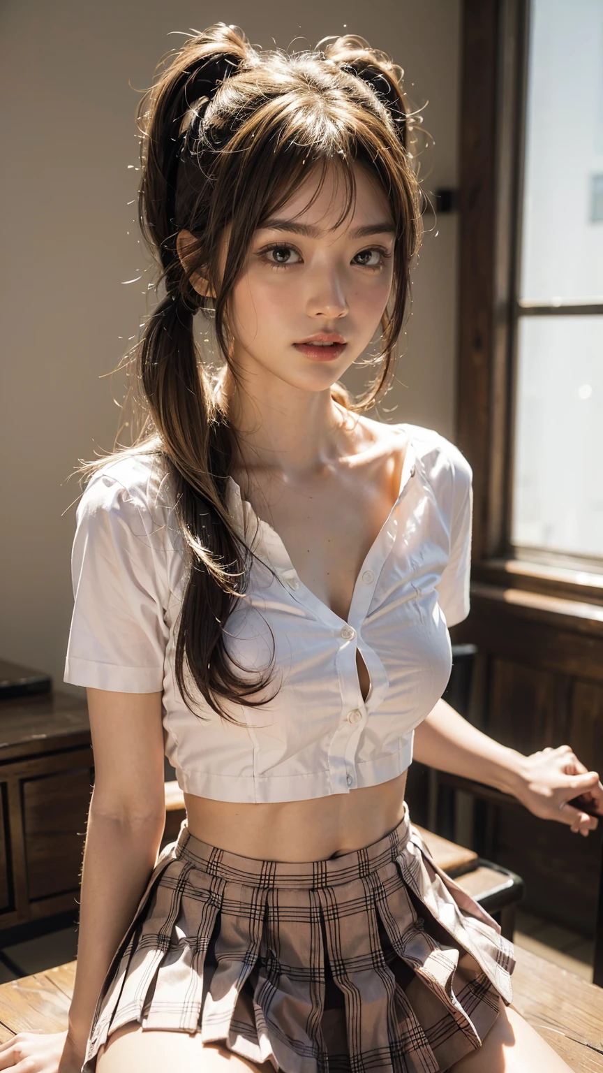 ((Highest quality)), ((masterpiece)), (detailed) ,((one girl)), (classroom), One girl, ((nipple)),sexy, 18 years old、Japanese、((flat chest:1.4)、可愛いJapanese、A bow tie、((nipple))、frilled panties、Perfect Face、(( pretty eyes)) 、Idol-like face、living、((micro mini skirt)),((skirt lift)),((glistening eyes )),((large eyes))、Japanese、((Brown eyes))