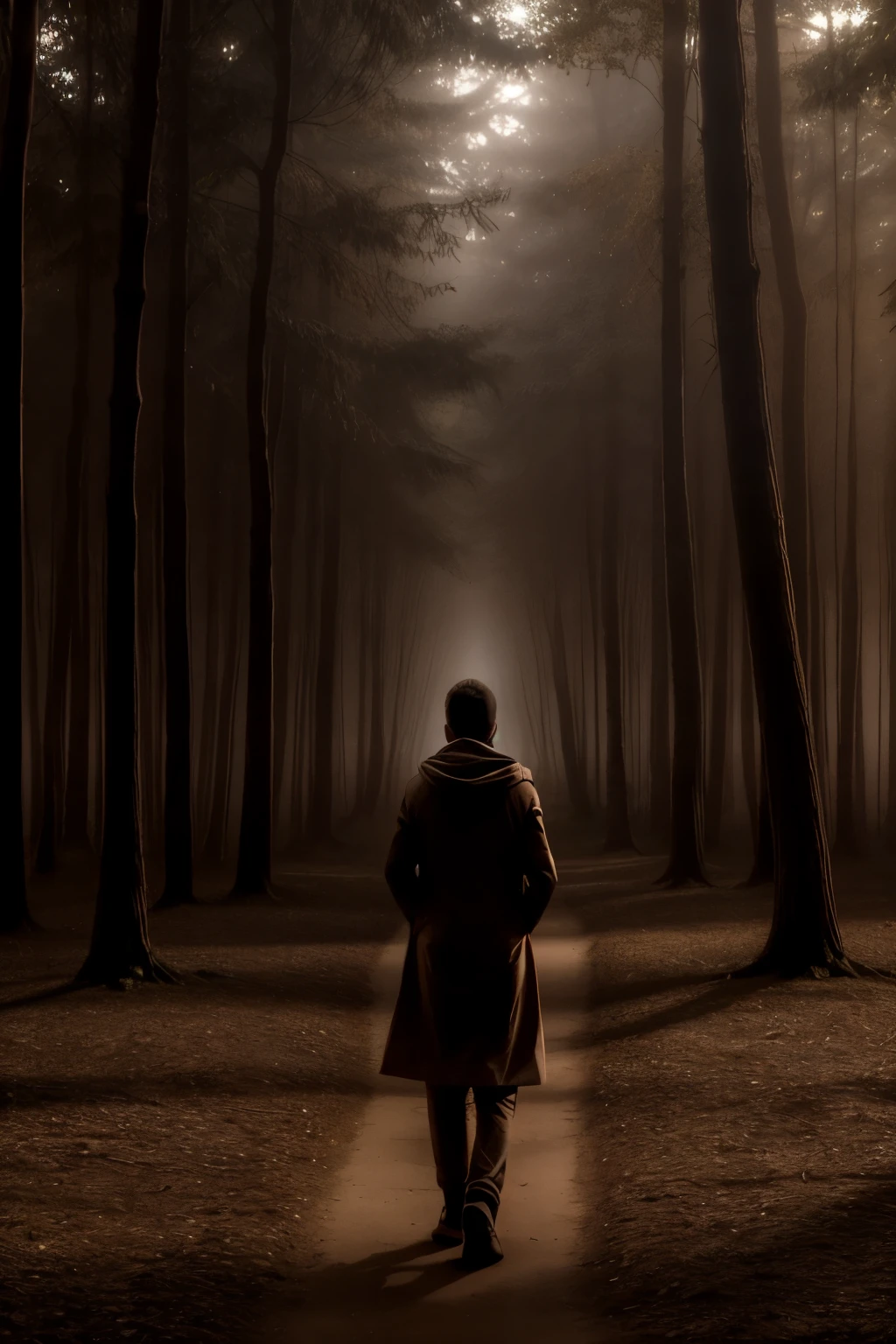 A warm glow emanates from within, illuminating a serene path through a misty forest. A lone figure, silhouetted against the soft luminescence, walks in contemplative silence, their gentle footsteps weaving through the foggy veil as the guiding light above casts an ethereal ambiance.