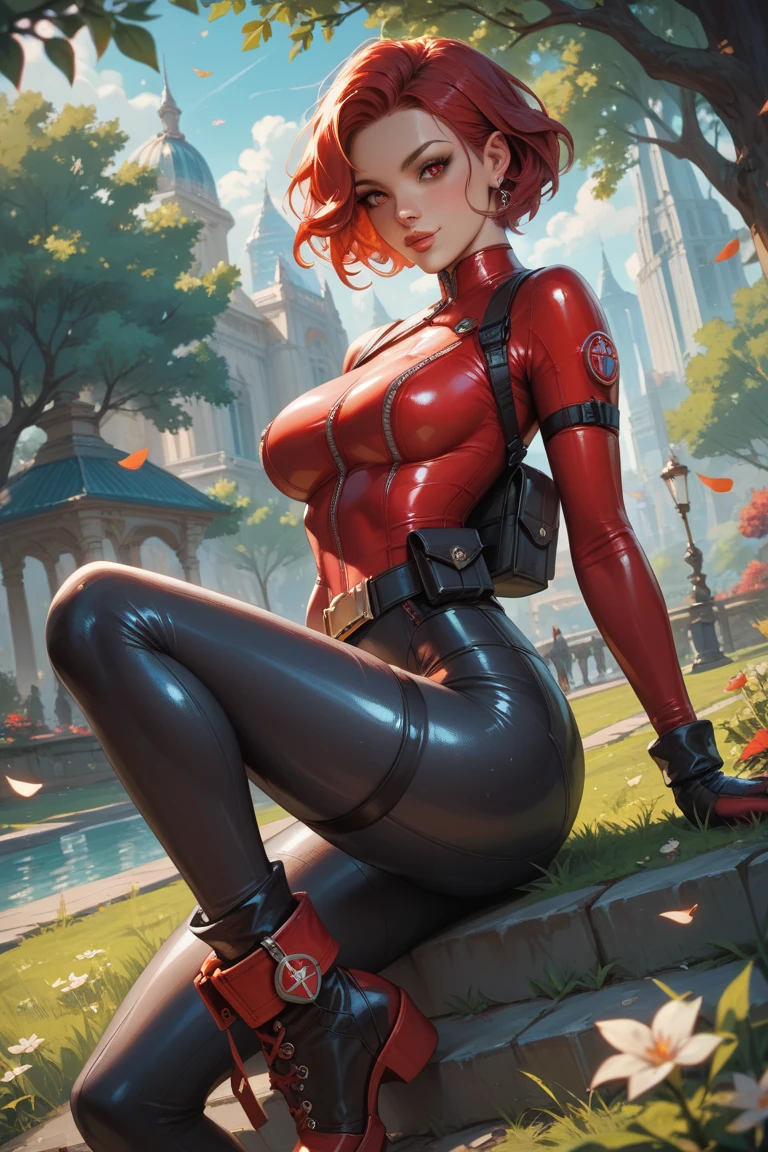 A naked woman in her 30's, naked, red hair, shiny black boots, leather jacket, large breasts and nipples, on an alien world covered in mud, with trees and a large overgrown temple in the background. She is lying on the ground and masturbating , with Lots of Cum dripping and squirting from her vagina as she orgasms