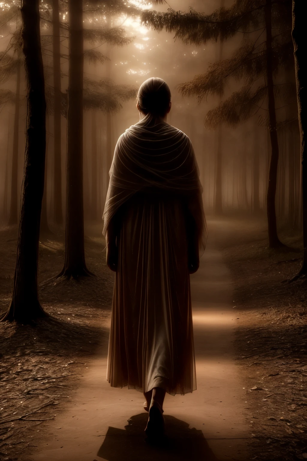 A warm glow emanates from within, illuminating a serene path through a misty forest. A lone figure, silhouetted against the soft luminescence, walks in contemplative silence, their gentle footsteps weaving through the foggy veil as the guiding light above casts an ethereal ambiance.
