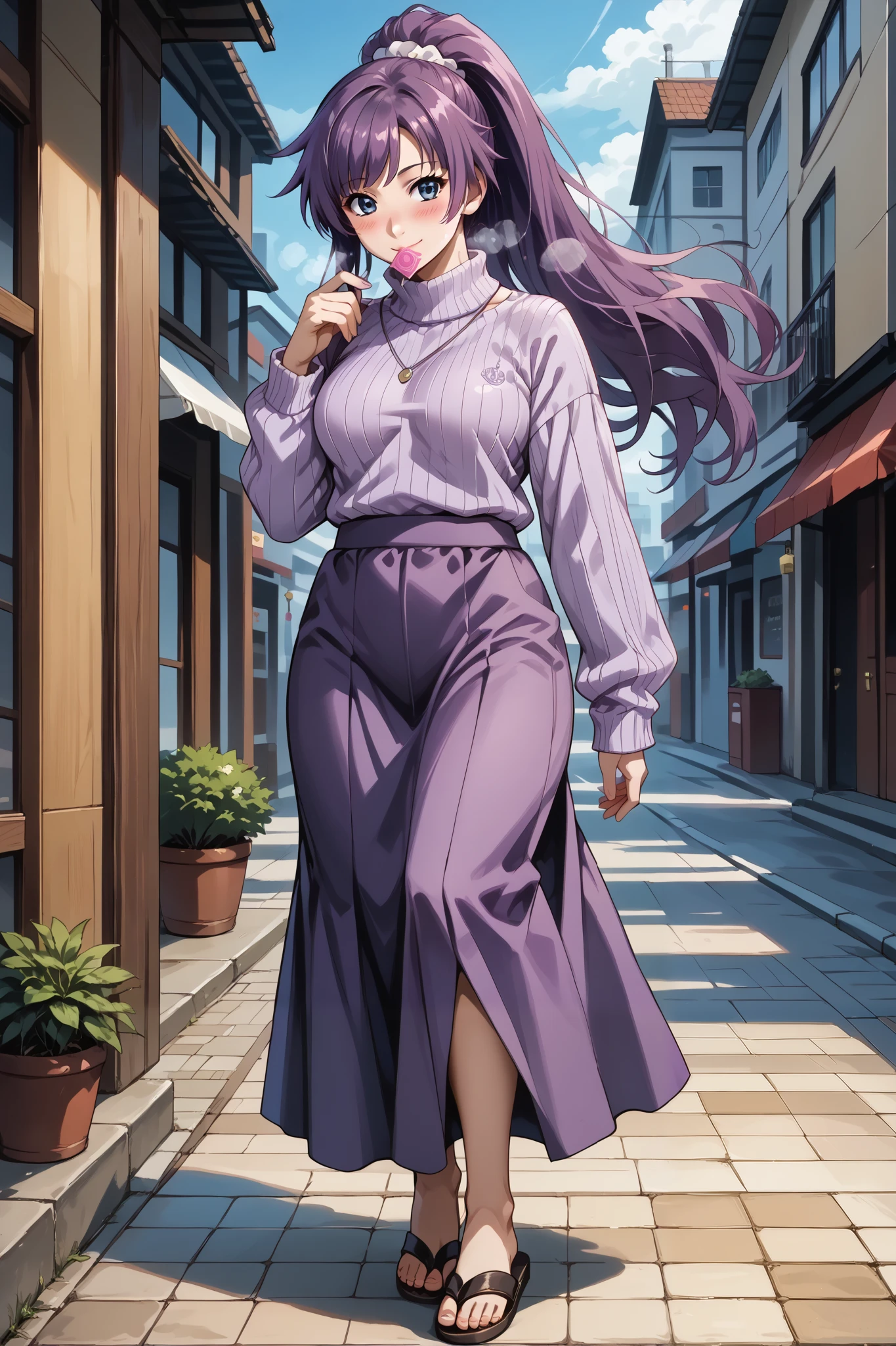 score_9, score_8_up, score_7_up, source_anime, 4K,perfect fingers,(perfect hands, perfect anatomy),prefect lighting, very aesthetic, intricate details,highly detailed background, masterpiece, high quality, best quality,
1girl, hitagisenjougahara, hitagi senjougahara, long hair, bangs, ponytail, sidelocks, scrunchie, blue eyes, purple hair,Large Breast,
wearing ((sweater, (light purple colored sweater:1.5), skirt, purple skirt, closed long skirt, sandal)),
thighs, smiling, (blushing:1.3), condom in mouth, (breathing:1.3),crotch tattoo,