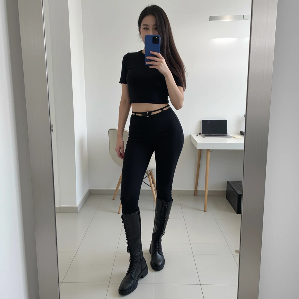 Uma mulher, extremamente realista, sexy, bunda grande, pernas grossas, Fitness, voluptuosa, enfrente ao espelho, selfie
