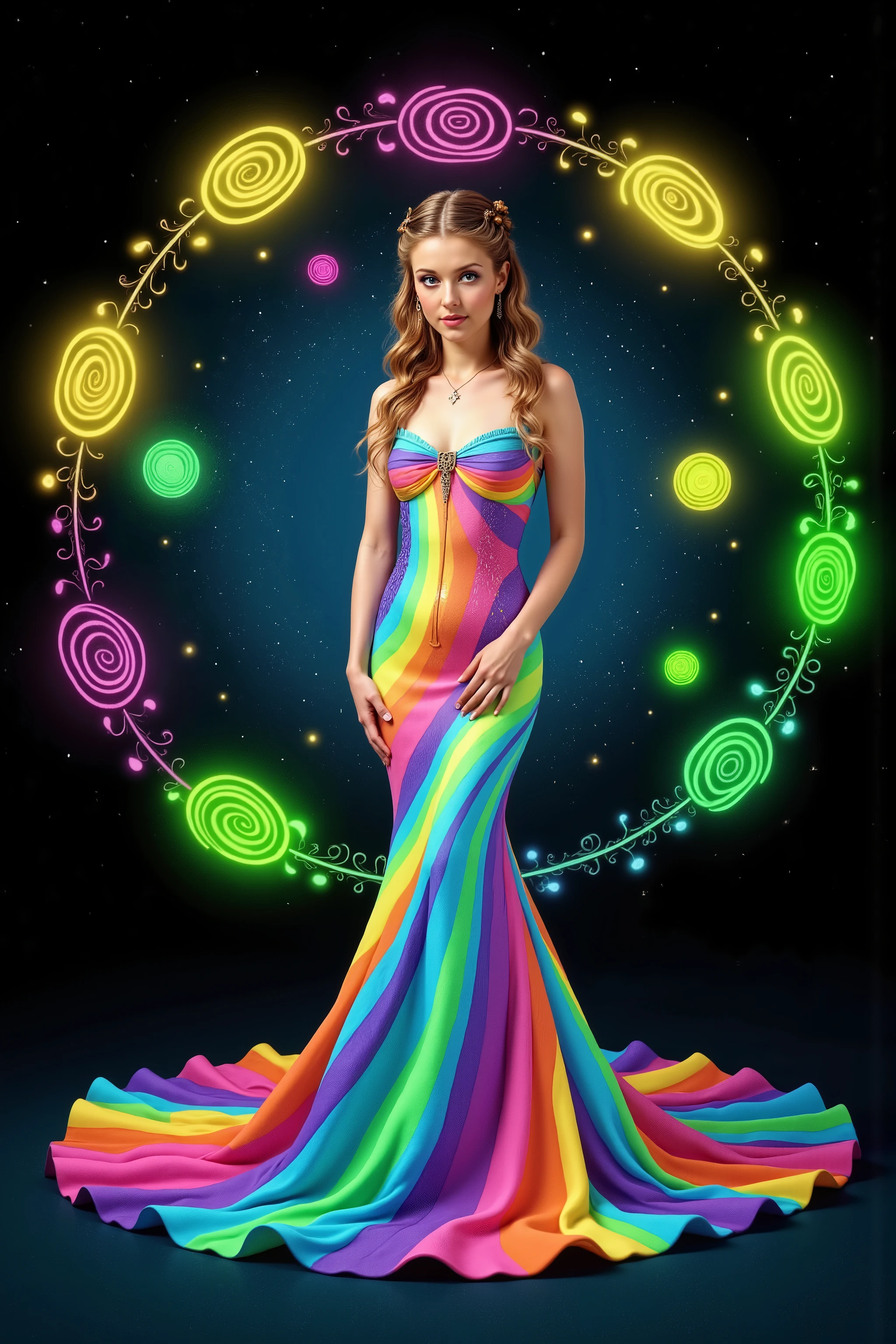 Take this image and multiply the number of swirl lines around the woman while infusing lots of vibrant neon luminescent colors in the swirls as well. Make her mermaid gown highly reflective, mirror like, so all the light hits it, and reverberates it into the colored swirls around her. The swirl patterns should be triple or quadruple the amount of colored lines from the image. Make the woman look more realistic and more attractive. Change the patterns and color of the mermaid style gown often. Surrealism, asthetically incredible, light display, lit up around the girl. Photorealistic, ultra realistic, cinematography, ultra detailed. Triple Bun, Braided Bun, Very Long Hair, Motion Lines, Sparkle, Emphasis Lines, Motion Blur, Speed Lines, Scanlines, Optical Illusion, Cinematic Lighting, Ray Tracing, Glowing Light, Reflection Light, God Rays, Action Painting, Icon Style, Realism, Tumbledown, Portrait Photography, Fujicolor, Hair Ribbon, crucifix, Super Detailed, Best Quality, Action Painting, Bubbles rising from foam, rising from liquid, paste, Masterpiece, From Below, Parted Lips, neon, lit up colored swirls, against a flat coal black background. Girl and swirls light up like bioluminescence.