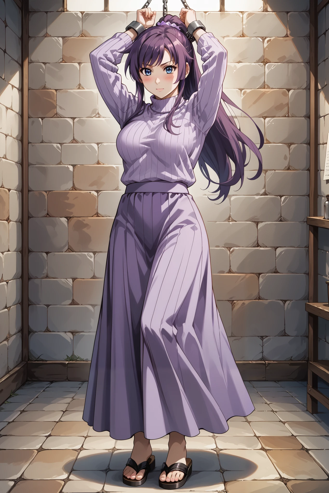 score_9, score_8_up, score_7_up, source_anime, 4K,perfect fingers,(perfect hands, perfect anatomy),prefect lighting, very aesthetic, intricate details,highly detailed background, masterpiece, high quality, best quality,
1girl, hitagisenjougahara, hitagi senjougahara, long hair, bangs, ponytail, sidelocks, scrunchie, blue eyes, purple hair,Large Breast,
wearing ((sweater, (light purple colored sweater:1.5), skirt, purple skirt, closed long skirt, sandal)),
((BDSM:1.5)), shibari,((chain:1.1)), arms up,((shackles:1.2)),bondage,((torture:1.3)), the dungeon,((captivity:1.4)),slave,Orgasmic,