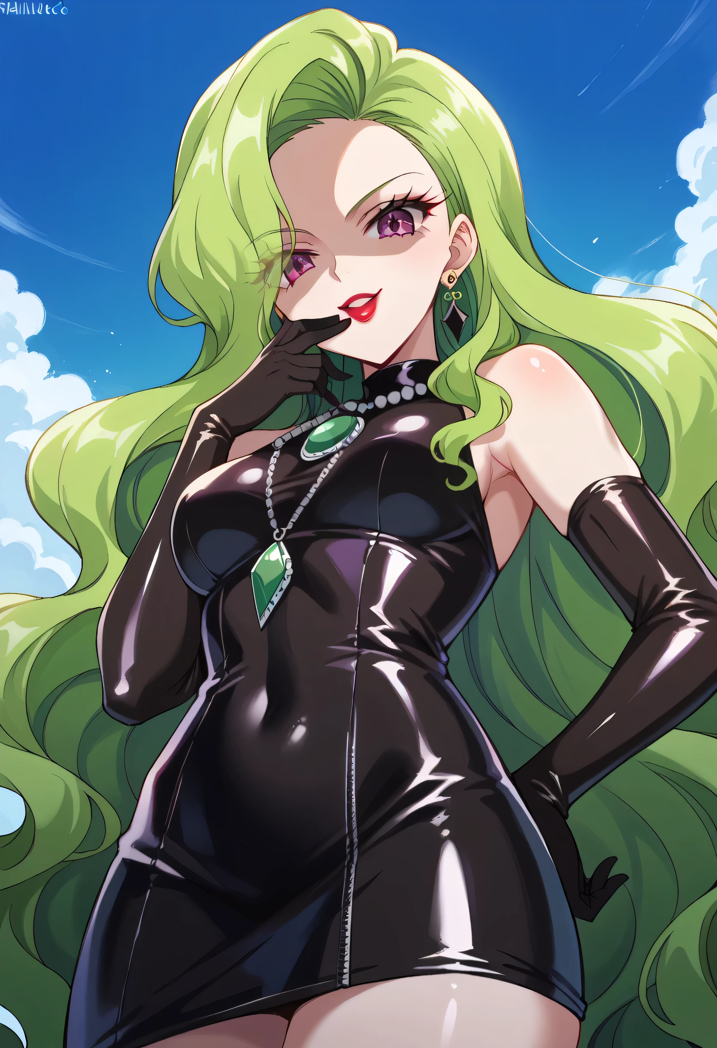 Tatsumaki is a 28 year old woman., Despite his youthful appearance, He has an energetic and slender body. His figure is quite small, with a thin body on top, but slightly thicker at the bottom. He has a flat chest, wide hips and big thighs, which gives it a very feminine appearance. Her hair is emerald and her eyes are also the same tone.. when he gets angry, her hair starts to shine brightly. She usually wears a tight black dress that highlights her curves and shows off her long legs.. Her legs are one of her most notable features., since they are long and elegant. In general, Tatsumaki has a powerful and attractive appearance that reflects his dominant personality..