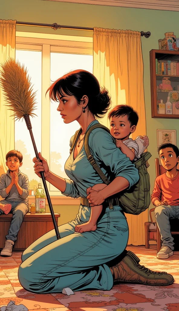 Comic book illustration. A mother holding a duster in one hand, a milk bottle in another hand. She carries a babyher back. She kneels on one knee, similar to a hero landing pose. She looks intense, determined and cool. A young boches and claps on the side. The location is in the living room. The atmosphere is warm and whimsical, highlighting the mother.