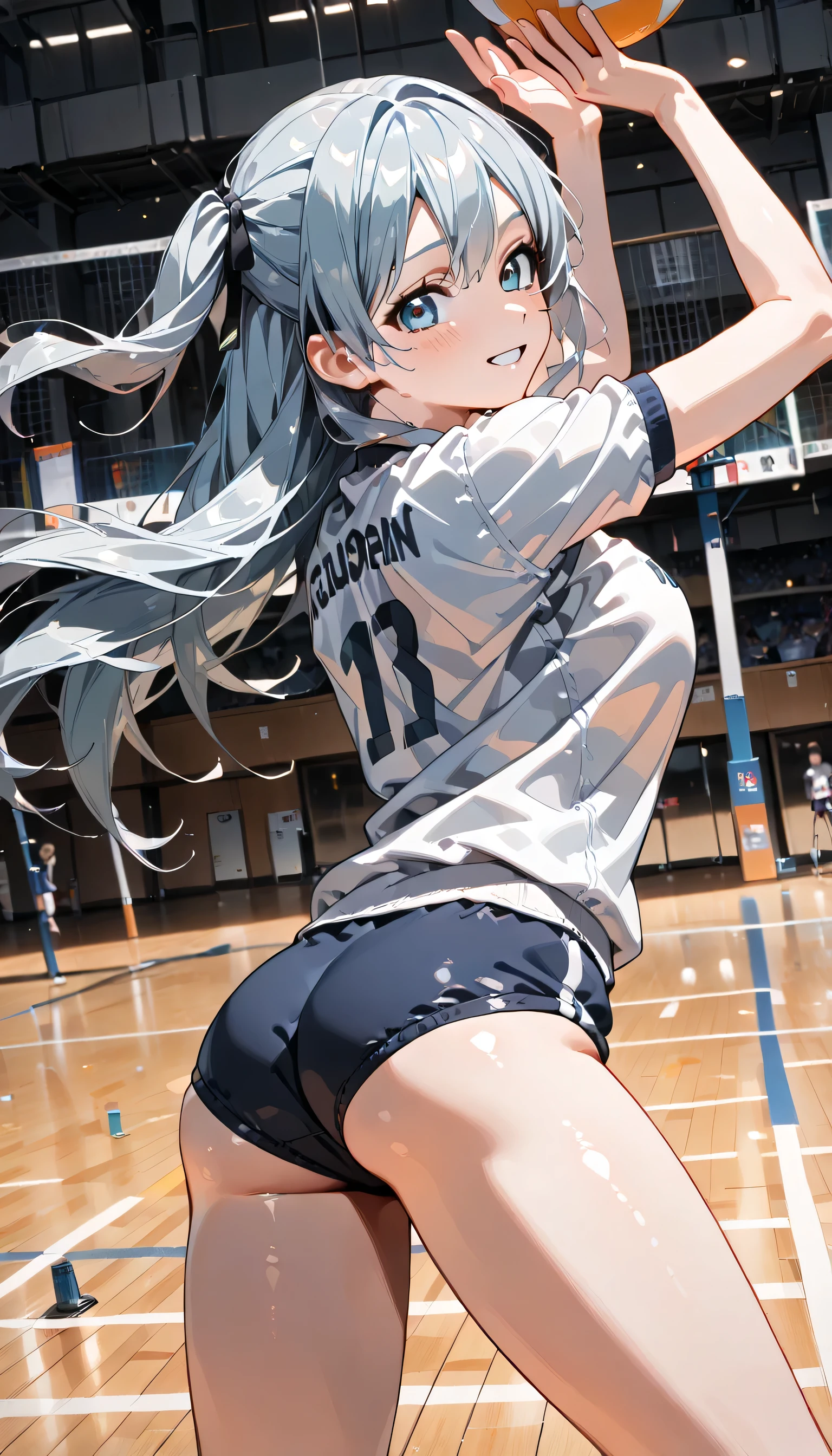((ultra-detailed)), (highly detailed CG illustration), (best quality:1.2), ultra-highly detailed, colorful composition, artistic photoshoot, 1girl, solo focus, ((thigh to top:1.4)), ((cowboy shot:1.4)), moe anime character, girl, dainty facial structure, (bab(round face), ((rounded chin:1.2)), ((ideal ratio body proportions)), celia-default, celia claire, (blue eyes), sparkle eyes, silver hair color, two side up, (hair ribbon with blue), ample breasts, (blue school gym buruma), ((smile)), ((blush:1.4)), ((Volleyball spikes)), balls, ((jumps)), volleyball (object), volleyball, volleyball net, raise your arms, look up, ((from behind:1.4)), dynamic pose, contrapposto pose, best quality, expecting, pink cheek, blush, light pink gloss slip, portrait, depth of field, soft lighting, sidelighting, (shine), lighting, caustics, ray tracing, perfect face, lustrous skin, highly detailed face, highly detailed eyes, perfect face, perfect nose, perfect hair, perfect eyes, perfect anatomy, beautiful hair, beautiful small face, extremely detailed face, beautiful detailed eyes, beautiful clavicle, beautiful body, beautiful huge breasts, leavage, breasts squeezed together, equalize the size of the left and right breasts, beautiful thin thighs, beautiful legs, beautiful fingers, ((4 fingers)), 1 thumb, lovely, (very detailed background:1.0), (highly detailed background:1.0), summer aesthetic, intricate details, shy atmosphere, summer colors palette, chromatic aberration