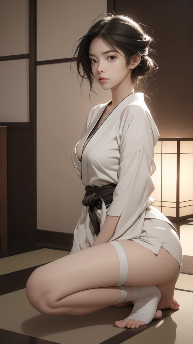 photorealistic, erotic pose, (shot from below:1.2), (intricate details, exaggerated details, ultra high details), self-portrait, (1girl, beautiful, delicate face, innocent, pale skin, short wavy hair), ((modern gray kimono, ancient shorts with (side slits)):1.2), small waist, ((wide thigh gap, wide thighs):1.2), (masterpiece)