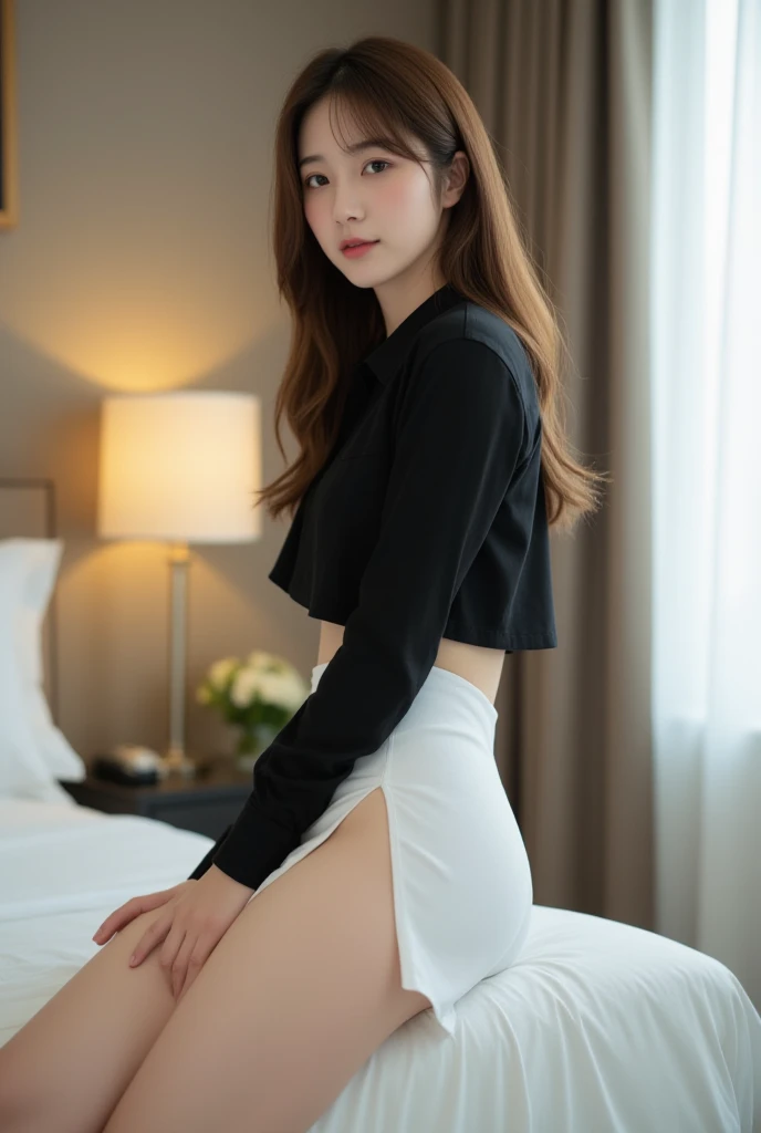 (8K, highest quality, Raw photo、masterpiece: 1.2), Super detailed, highest quality, ultra high resolution, professional lighting, photon mapping, radio city, Physically based rendering, cinematic lighting, Depth of written boundary, i concentrate,1 female,24-years-old、 (full body shot), ((OL uniform、ミニskirt、pantyhose))((suit、skirt、pantyhose))((pantyhose))(looking at the viewer:1.3) very slim, medium breasts, ((Seductive pose on all fours on the bed, look up frivolously)) ((raise your legs)) ((hug your legs))((return)), ((from behind))(buckshot), cute, white skin、looking at the viewer, light smile,alone, enchanting smile, wide opening, professional lighting, Sony α7R4, Zecy 50mm F1.8, medium breasts,thin and beautiful eyes,