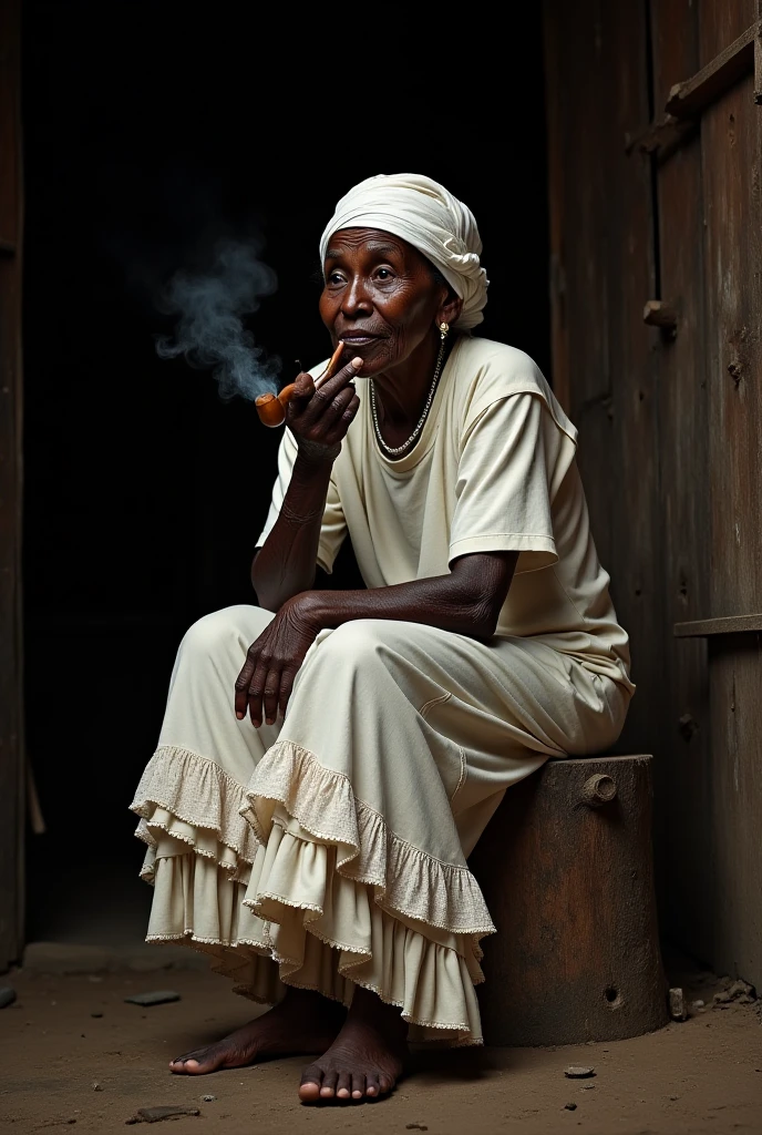 Old black woman is not thin, dressed in white, with expression marks, smoking a pipe, with herbs on the side, dressed in white e segurando um terço religioso na mão, 