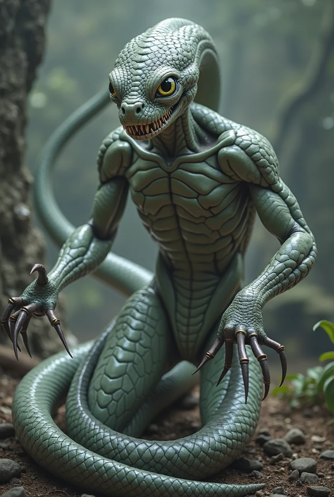 The humanoid being is a hybrid of a lizard and a fish, this being is squatting watching, fotografia de Corpo completo imagem de corpo inteiro. Environment overview.