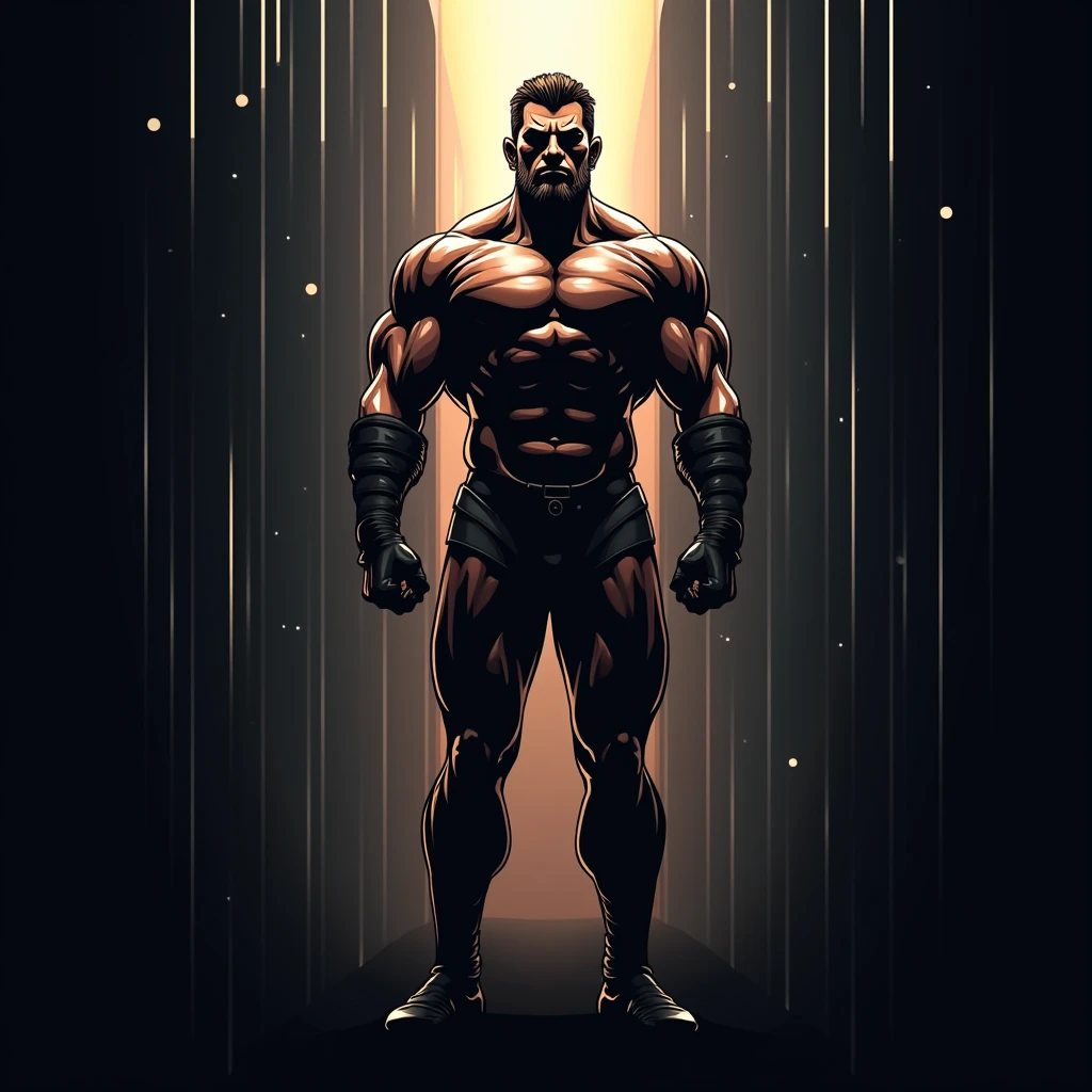 There is a man who is standing in a hallway with a light, muscular character, muscular male hero, forte e imponente, Arnold 3 D render, arnold 3d render, musculoso e aterrorizante, musculoso!! scientific fiction, Exaggerated muscular physique, forte e musculoso, caracteres musculosoes, corpo musculoso, alto e musculoso, corpo do fisiculturista, large muscles, Arnold render