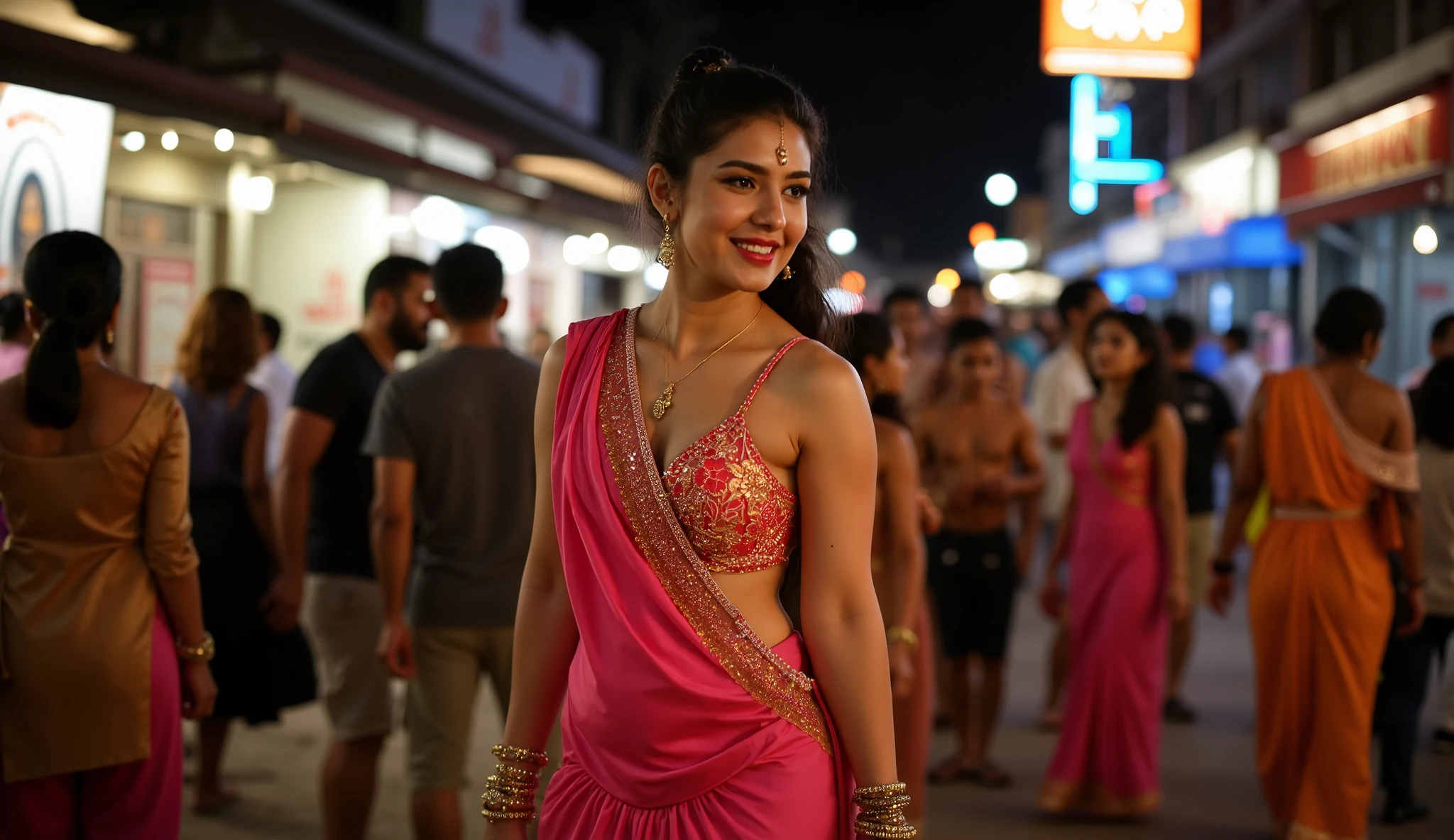 gorgeous pakistani big woman, slim figure , Waist jewelry necklace, bangles , bridal makeup , detailed face walks down on a night bar street inside pattaya. Beautiful cute thick thighs and a curvy waist, wearing a beautiful Indian dress, ((low waist)),, (( beautiful Indian dress)) , bindi on forehead, highly detailed, depth of field, cinematic lighting, intricate, ((26yo, gorgeous face, model, makeup)), gorgeous Indian woman in outdoor wearing blouse, fair skin, makeup, curvy, tall, hourglass figure, seductive , ((looking at left)), jewelry, black hair, ((big :1.0)), ((wide hips:1.1)), full figured, seductive, photorealism, hyper realistic, full face Blush, ((seductive face)) , curly hair, ((ponytail)), (Super big breasts)))), ((Plump figure)), ((Ample breasts)), (Hair Details), (Facial details) explanation), (detailed explanation of body), Fair and translucent skin, Unparalleled beauty, Long legs, ( lace underwear), (stockings), (ruby necklace)), (Mature royal sisters), (Red lips), (touch), ( shy), To the audience, (((In a dark cave)), sexy, ((Pause_random))、masterpiece, high quality, high quality, High resolution, (full body portrait)、View from front、seductive smile, , best quality, (((masterpiece))), high quality, realist, best detailed, details, realist skin, skin detailed, underboobs, beautiful posing under a fairy tale of exotic magic,lehenga choli,. She wears sunglasses and red lipstick. She walks confidently and casually. Many pedestrians walk about. camera shot from left to right