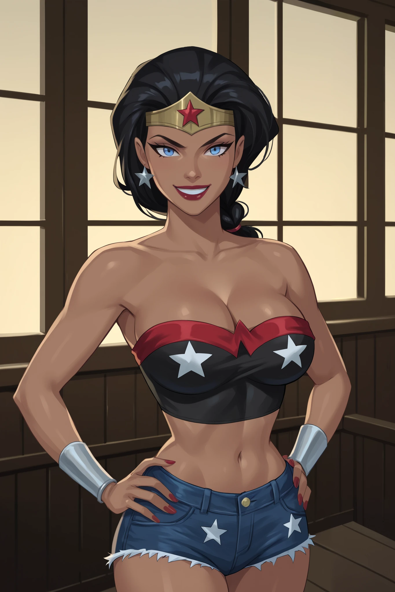 PonyXLV6_Scores BREAK ((parody), perfect anatomy, perfect eyes, cowboy shot), BREAK diana prince, french-braided low ponytail, black hair, blue eyes, scarlet red lipstick, dark-skinned female, ((looking at viewer)), cleavage, black tube top, black jean shorts, tiara, jewelry, star earrings, star print, large breasts, curvy, athletic, sexually suggestive pose, hands on hip, indoors, smile, happy expression