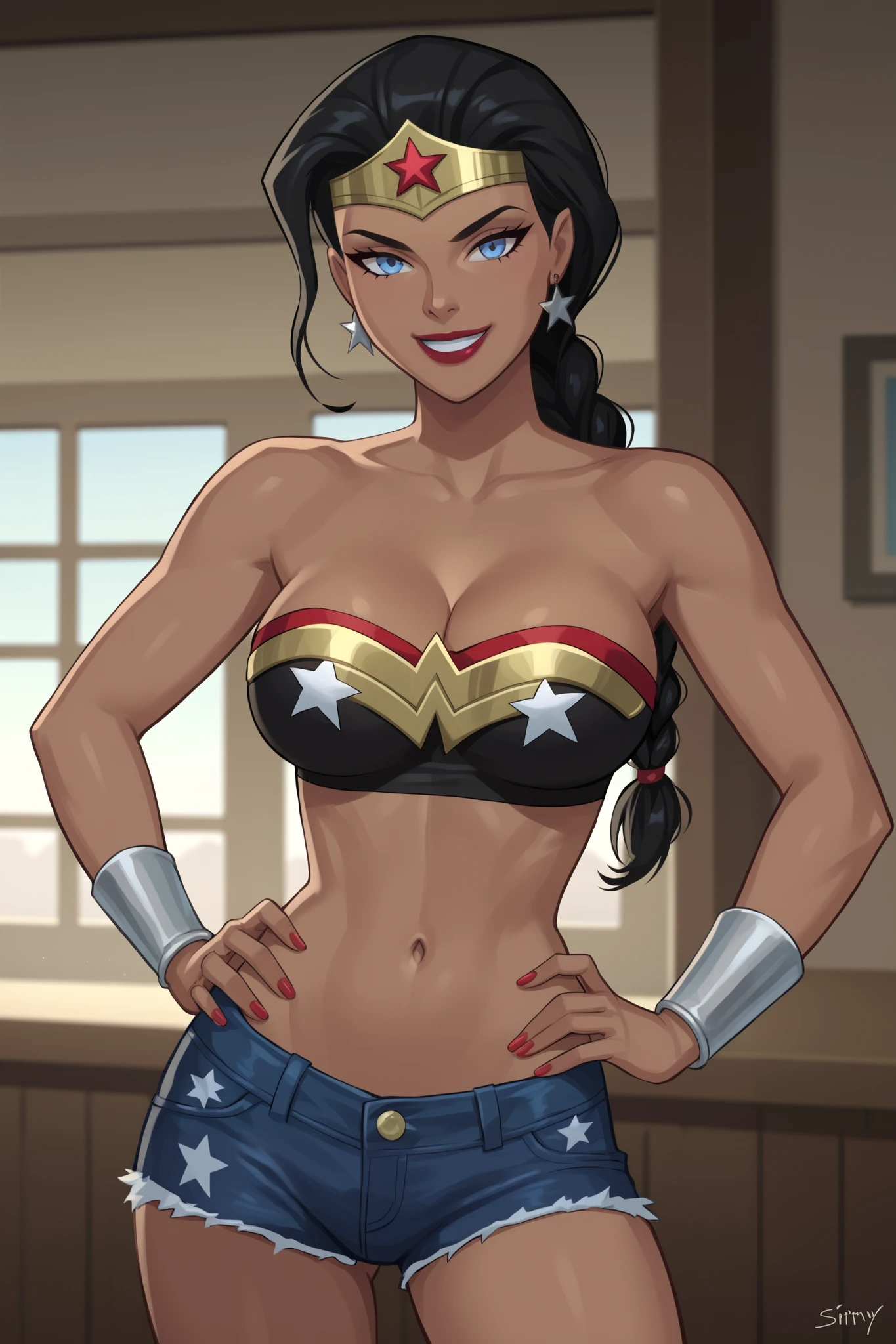 PonyXLV6_Scores BREAK ((parody), perfect anatomy, perfect eyes, cowboy shot), BREAK diana prince,  french-braided low ponytail, black hair, blue eyes, scarlet red lipstick, dark-skinned female,  ((looking at viewer)), cleavage, black tube top, black jean shorts, tiara, jewelry, star earrings, star print, large breasts, curvy, athletic, sexually suggestive pose, hands on hip, indoors, smile, happy expression 