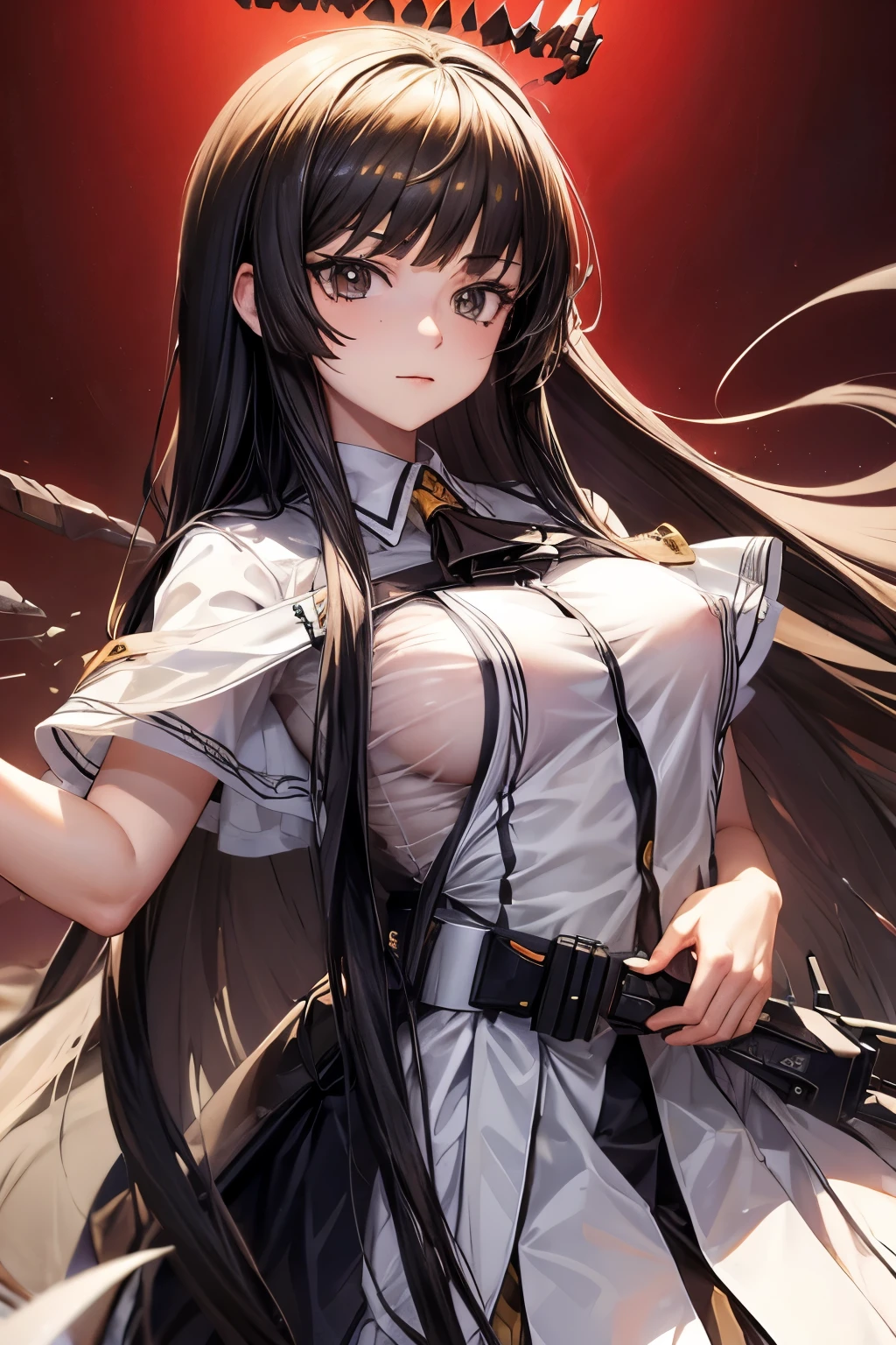 anime girl with long black hair and white shirt posing in front of a red background, from girls frontline, seductive anime girl, fine details. girls frontline, girls frontline cg, from arknights, from the azur lane videogame, gapmoe yandere, kantai collection style, girls frontline style, azur lane style, anime moe artstyle, anime waifu,(see-through clothing:1.2),(exposed nipples:1.2)