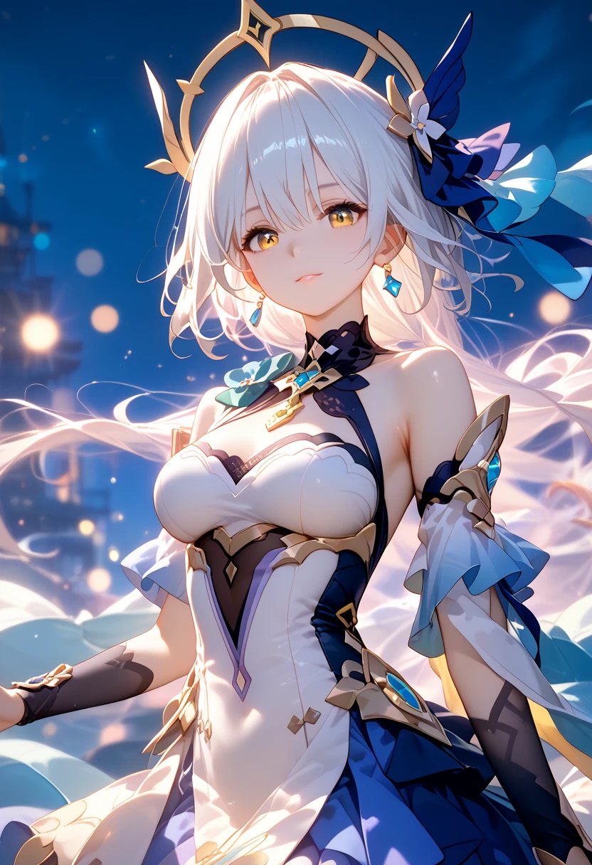 ((masterpiece)), (best quality:1.7), (detailed:1.4), (high res:1.4), 8k, (colorful:1.5), ((2d)), high resolution, sharped image, 4k, hd, shenhe_genshin, 1girl, (((solo))), ((grey hair)), (((light blue eyes))), long hair, (very long hair), ((hair over one eye)), ((braided ponytail)), ((((face focus)))), (((arms on air))), (small breasts), ((middle body)), (((cowboy shot)))), ((white breasts)), ((((breast courtain)))), blush, looking at viewer, bodysuit, long sleeves, shoulder cutout, covered navel, clothing cutout, black gloves, jewelry, partially fingerless gloves, ((hip vent)), earrings, tassel, chinese clothes, curvy body, ((white bodysuit)), (big hips), (character focus), serious, (((on fram))), snow, forest, sun, sky, clouds, ((white chest)), hair ornament,  ((((breast large courtain)))),