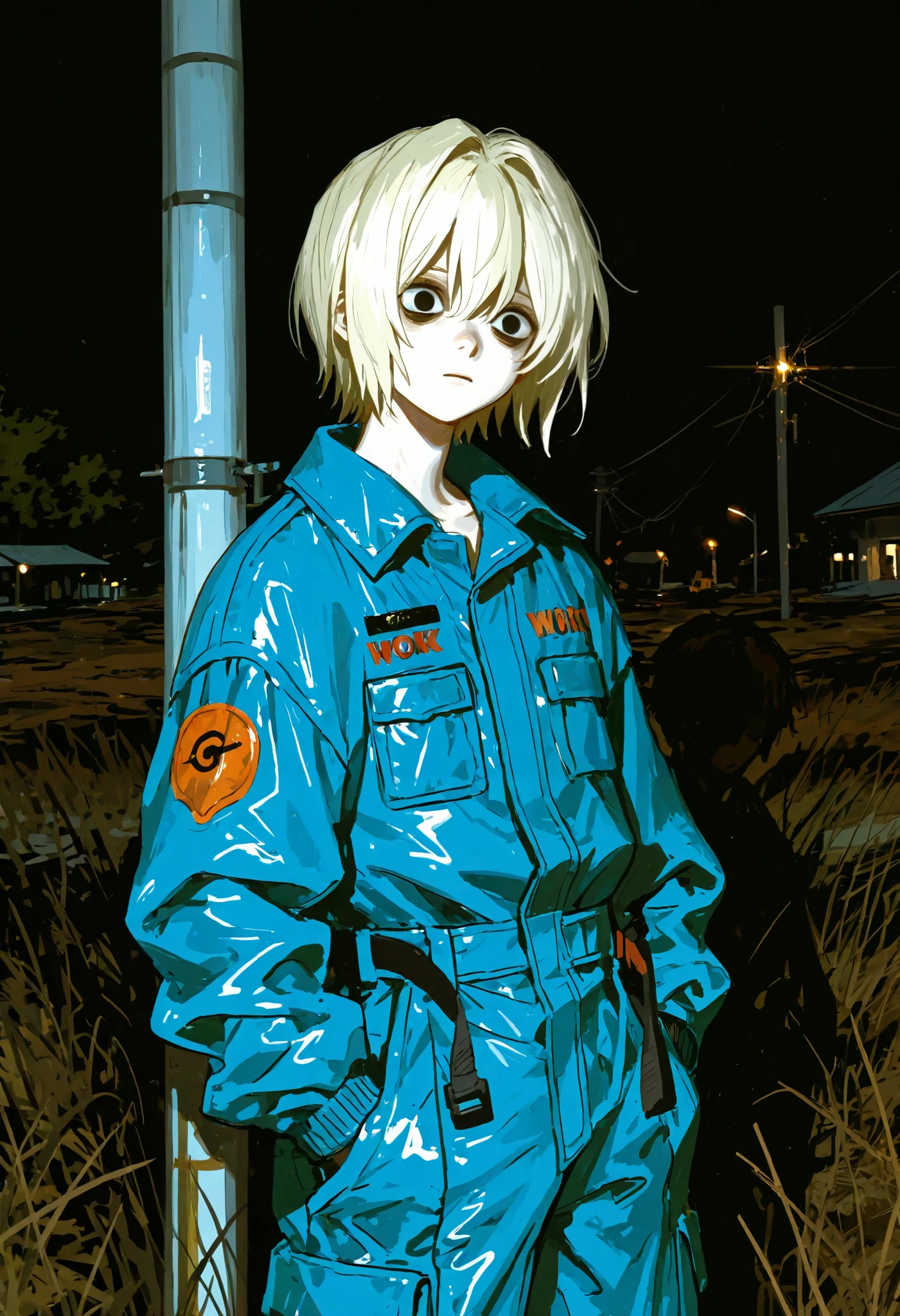 Drawing by Margaret Keane,painting of a boy in a working jumpsuit,drawing with big and expressive eyes, outdoor light pole ,(Eyes on the background)