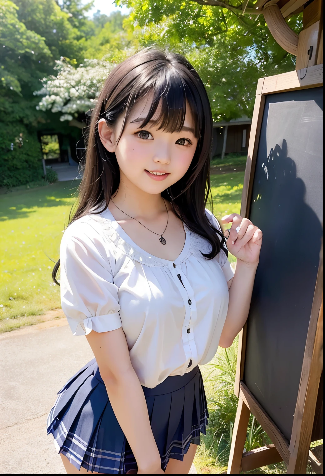 ( Highest quality, masterpiece:1.3, Ultra High Definition),( very well detailed、 caustics) ( exists:1.4, RAW shooting、)Ultra- exists Capture、 very well detailed、 The natural skin texture of the、stands out on the pale blue background 、 masterpiece、( Japanese wearing a blouse and pleated skirt:1.3)、 adorable expression 、Expressions of joy、、: 、baby face、 innocent giingly cute、the blackboard with the tip of the nipple 、 curly hair 、ribbons、 black hair、 Big Breasts、 Glowing Thighs、Shining Ass、 necklaces、On the lakeside in the shade of trees、Background details、smile、 An inviting gaze 、( anatomically accurate)、 cowboy shooting 、 attention to detail 、 lifts her chest from the bottom with both hands 、