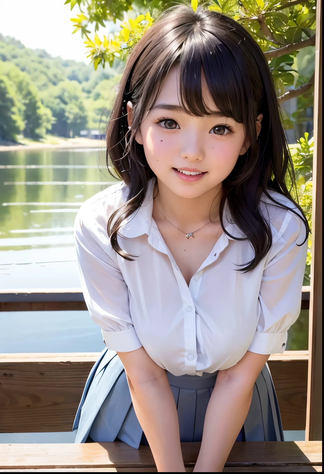 ( Highest quality, masterpiece:1.3, Ultra High Definition),( very well detailed、 caustics) (  exists:1.4, RAW shooting、)Ultra-  exists Capture、 very well detailed、 The natural skin texture of the、stands out on the pale blue background 、 masterpiece、(  Japanese  wearing a blouse and pleated skirt:1.3)、  adorable expression 、Expressions of joy、、: 、baby face、 innocent giingly cute、the blackboard with the tip of the nipple  、  curly hair 、ribbons、    black hair、 Big Breasts、 Glowing Thighs、Shining Ass、 necklaces、On the lakeside in the shade of trees、Background details、smile、 An inviting gaze 、( anatomically accurate)、 cowboy shooting 、  attention to detail 、 lifts her chest from the bottom with both hands  、