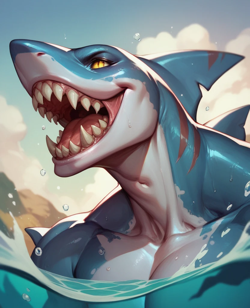 Score_9, score_8, score_7, kemono style, a cute gray anthro shark girl, animal ears, sharp teeth, grinning, cocky smile, green eyes, short white hair, at the beach, naked, athletic body, Grey body, wet glistening body, swimming in the ocean, front view, underwater, dynamic action, bubbles, swimming rapidly, rear view