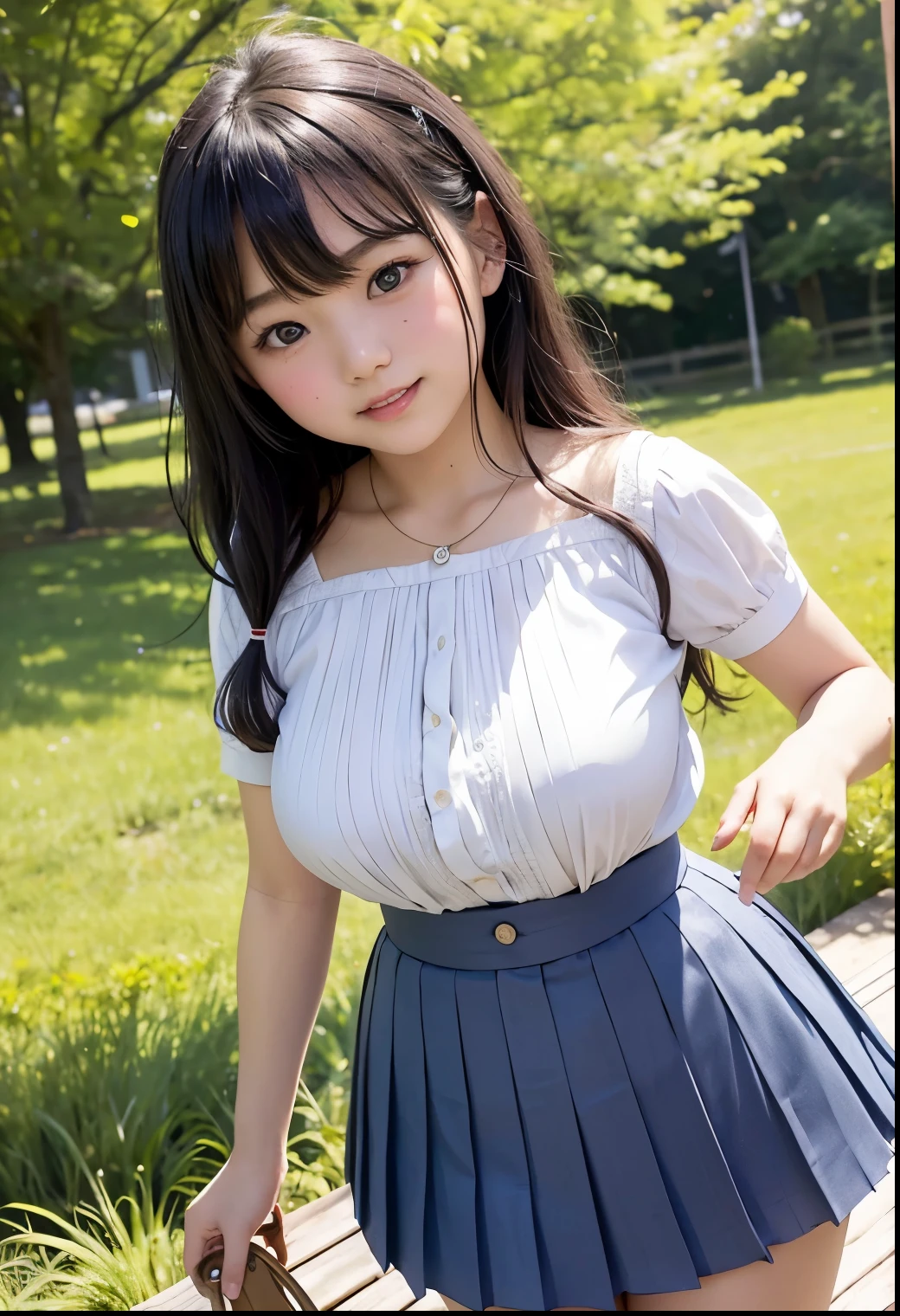 ( Highest quality, masterpiece:1.3, Ultra High Definition),( very well detailed、 caustics) ( exists:1.4, RAW shooting、)Ultra- exists Capture、 very well detailed、 The natural skin texture of the、stands out on the pale blue background 、 masterpiece、( Japanese wearing a blouse and pleated skirt:1.3)、 adorable expression 、Expressions of joy、、: 、baby face、 innocent giingly cute、the blackboard with the tip of the nipple 、 curly hair 、ribbons、 black hair、 Big Breasts、 Glowing Thighs、Shining Ass、 necklaces、On the lakeside in the shade of trees、Background details、smile、 An inviting gaze 、( anatomically accurate)、 cowboy shooting 、 attention to detail 、 lifts her chest from the bottom with both hands 、