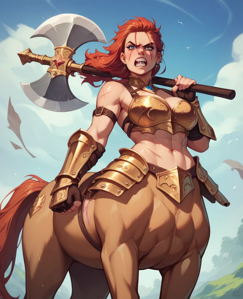 score_9, score_8_up, score_7_up, source_anime, kemono style, An Anthro furry yellow wolf girl, yellow furry body, yellow wolf ears, ear fluff, red hair, tail, wolf snout, black nose, MaleniaDef, helmet, covered eyes, single mechanical arm, prosthesis, tall and skinny body, naked, nipples, handjob, she is jacking off faceless human male, massaging his balsl, mouth open, tongue out, cumming, he is cumming on her tongue, side view