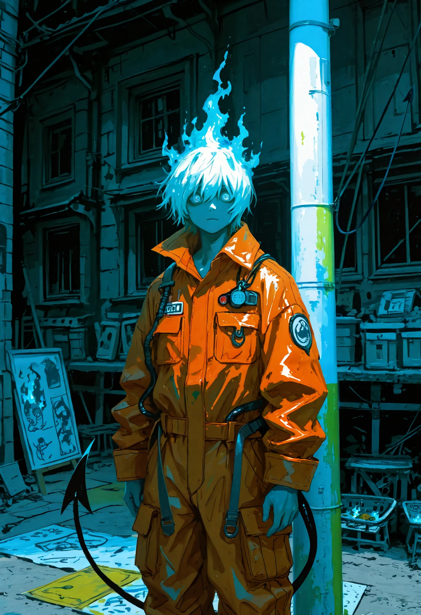 Drawing by Margaret Keane,painting of a boy in a working jumpsuit,drawing with big and expressive eyes, outdoor light pole ,(Eyes on the background),Blue fire for his body, demon tail
