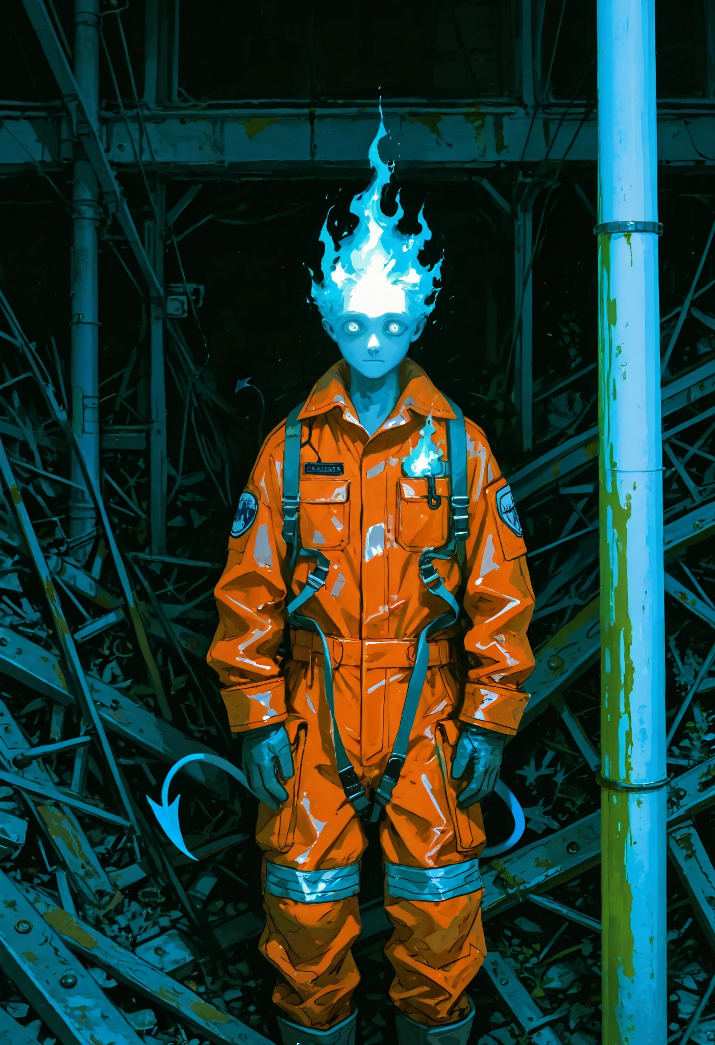 Drawing by Margaret Keane,painting of a boy in a working jumpsuit,drawing with big and expressive eyes, outdoor light pole ,(Eyes on the background),Blue fire for his body, demon tail